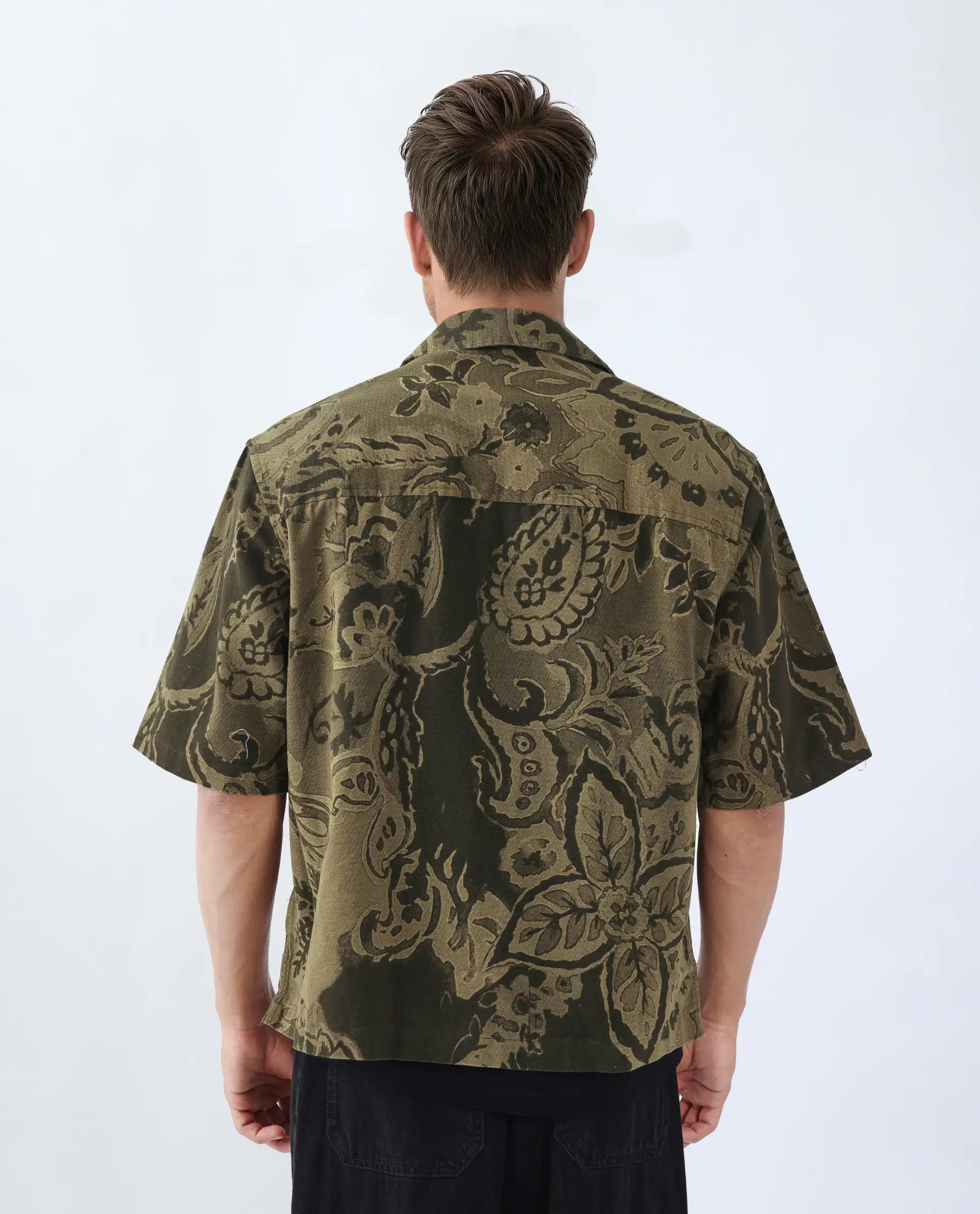 Rare Rabbit Men's Trish Olive Cotton Paisley Print Boxy Fit Half Sleeve Collared Shirt