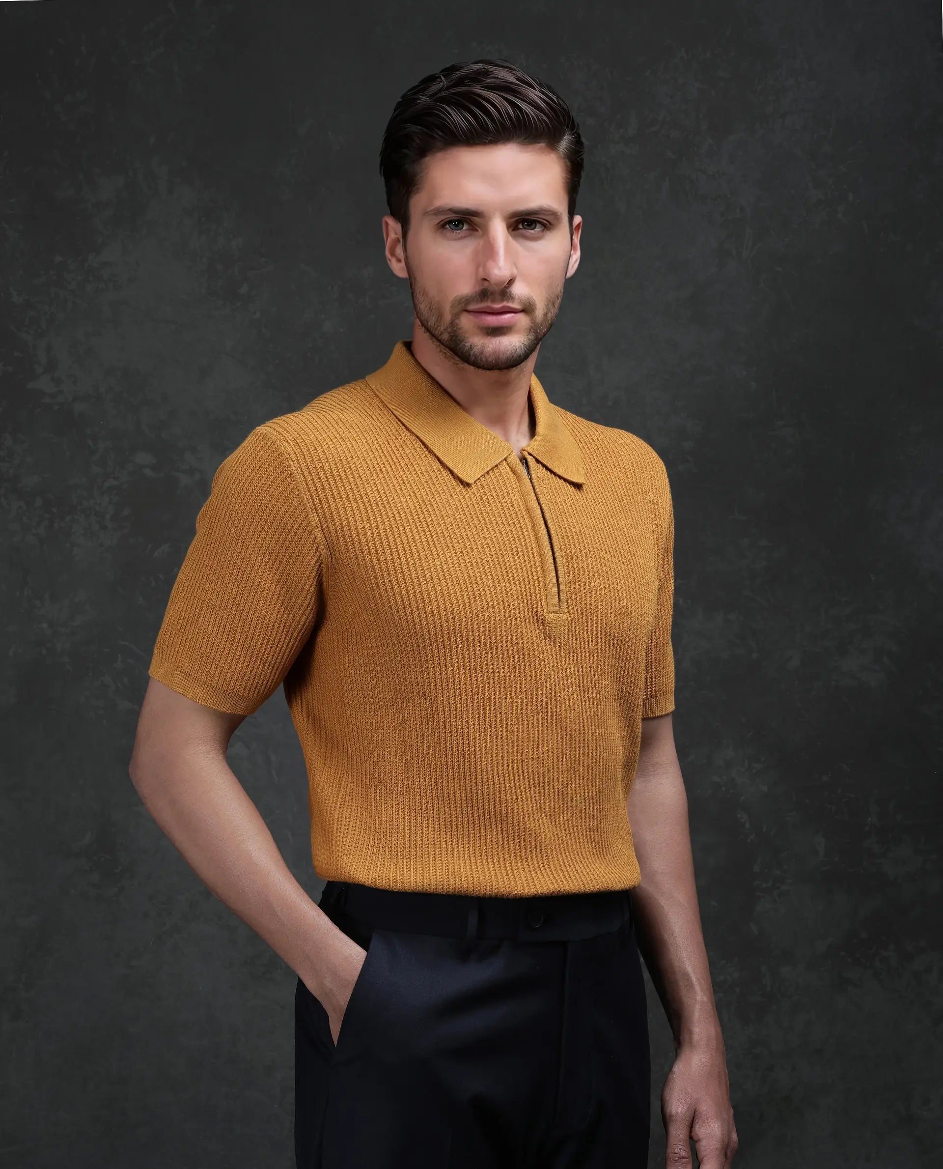 Rare Rabbit Men's Tris Dark Mustard Cotton Plain Regular Fit Half Sleeve Polo