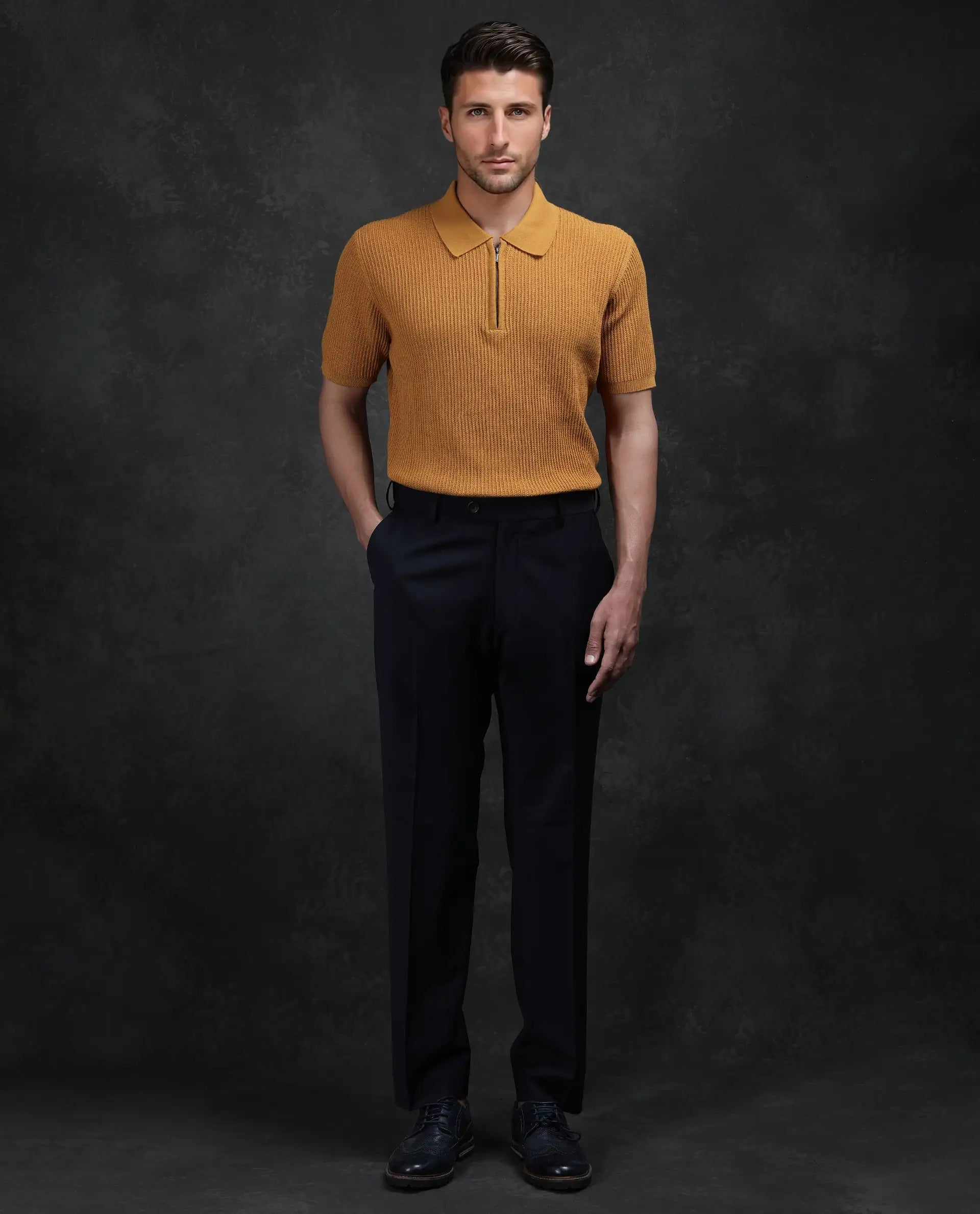 Rare Rabbit Men's Tris Dark Mustard Cotton Plain Regular Fit Half Sleeve Polo