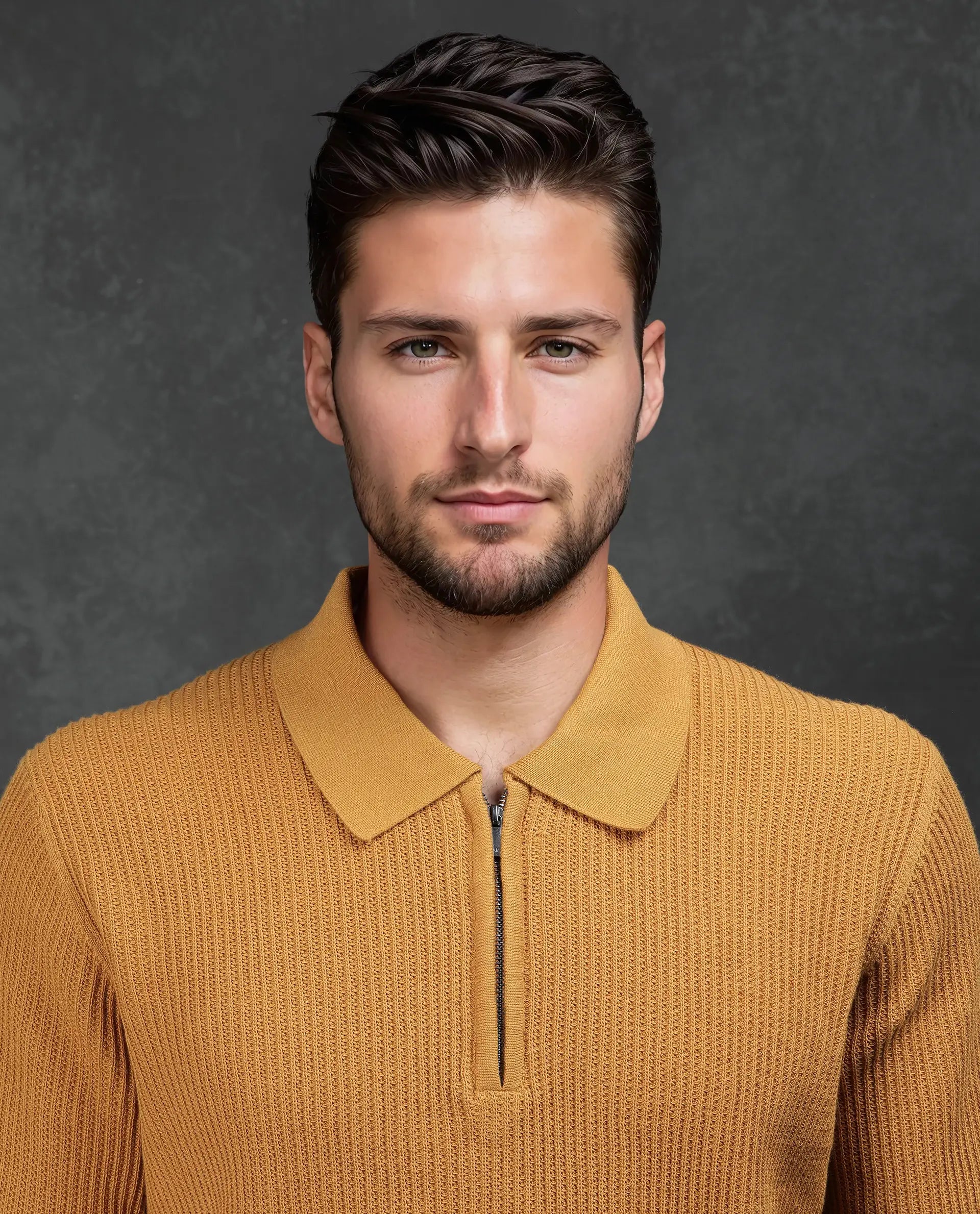 Rare Rabbit Men's Tris Dark Mustard Cotton Plain Regular Fit Half Sleeve Polo