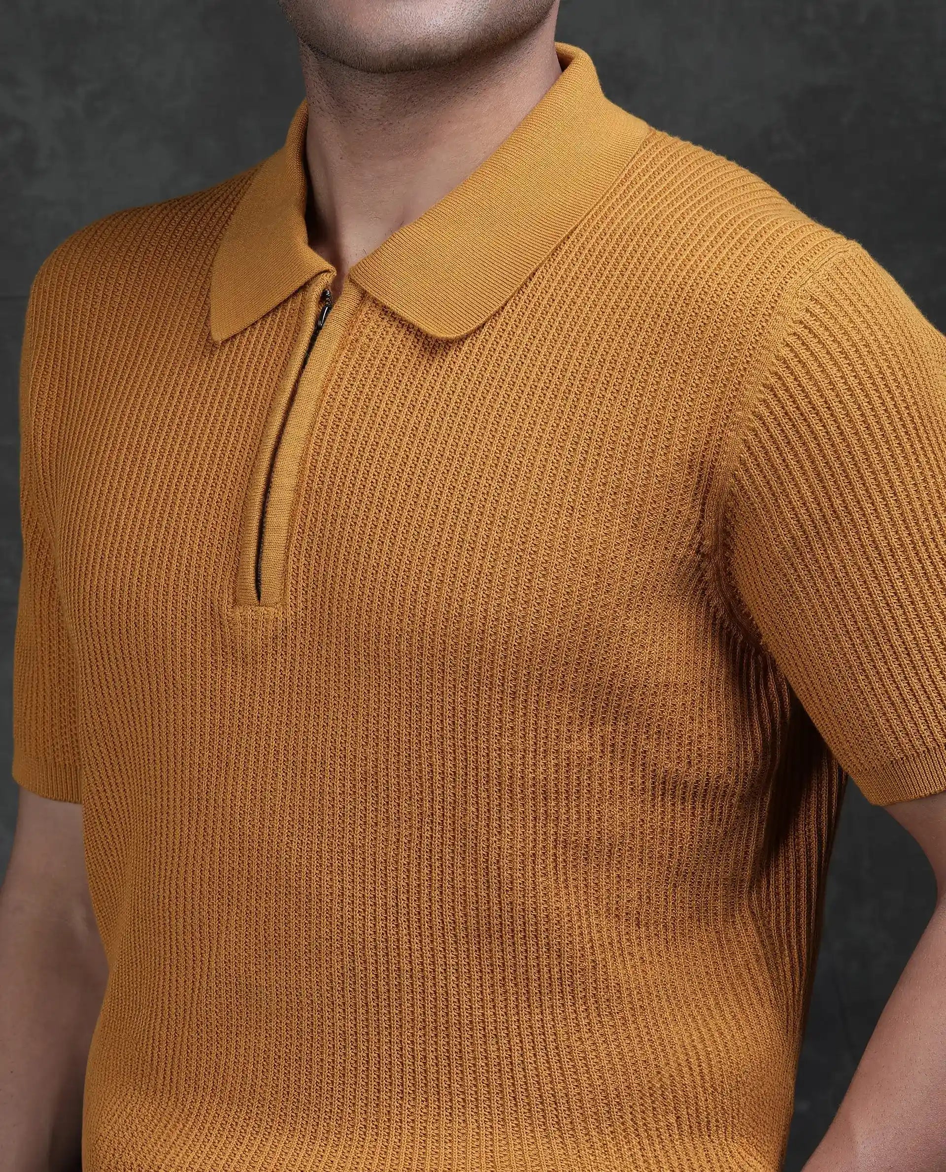 Rare Rabbit Men's Tris Dark Mustard Cotton Plain Regular Fit Half Sleeve Polo