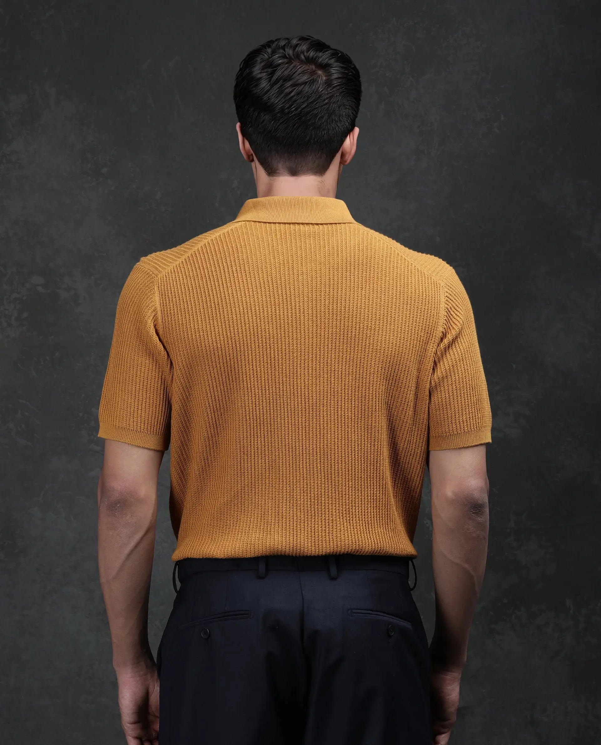 Rare Rabbit Men's Tris Dark Mustard Cotton Plain Regular Fit Half Sleeve Polo