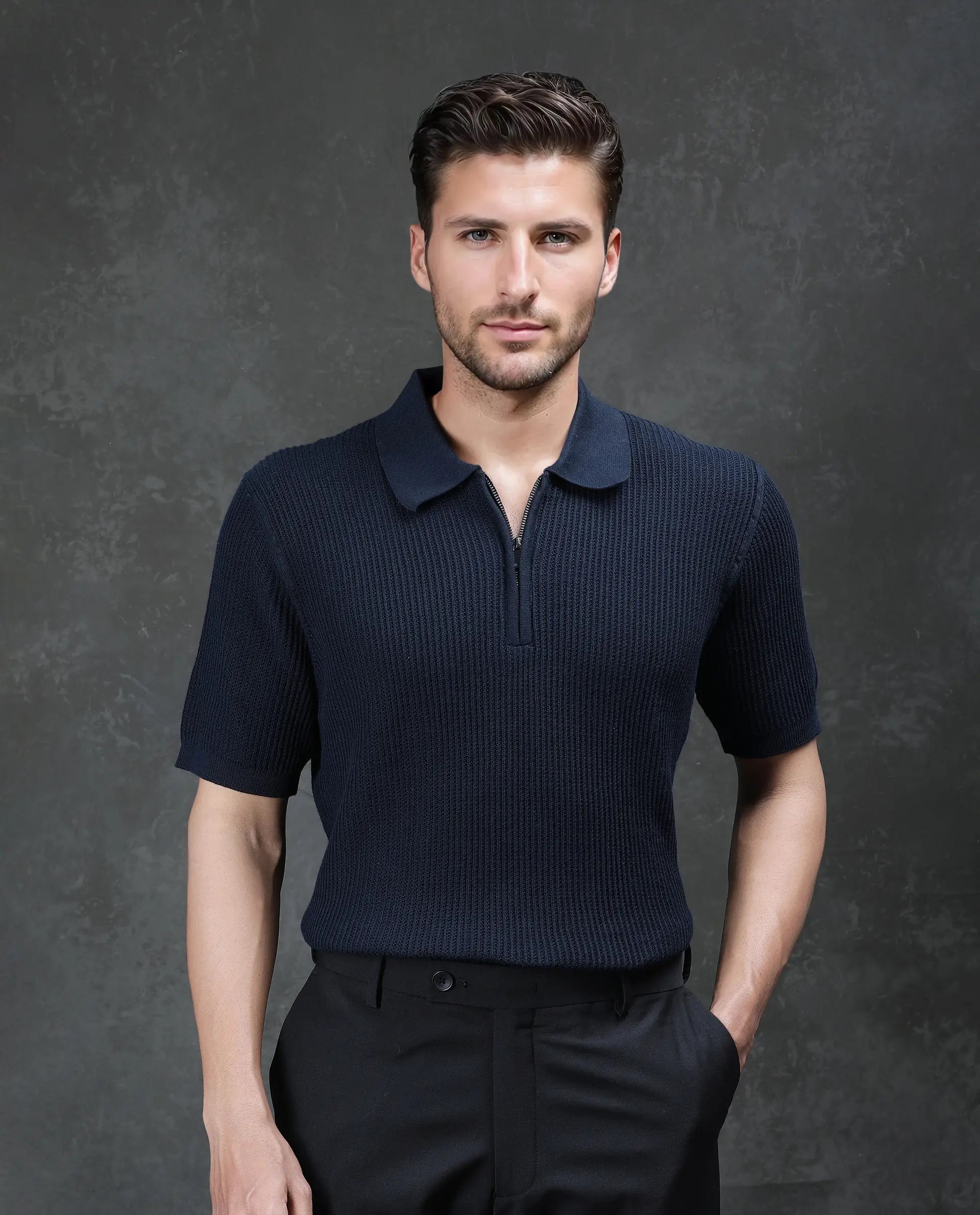 Rare Rabbit Men's Tris Navy Cotton Plain Regular Fit Half Sleeve Polo