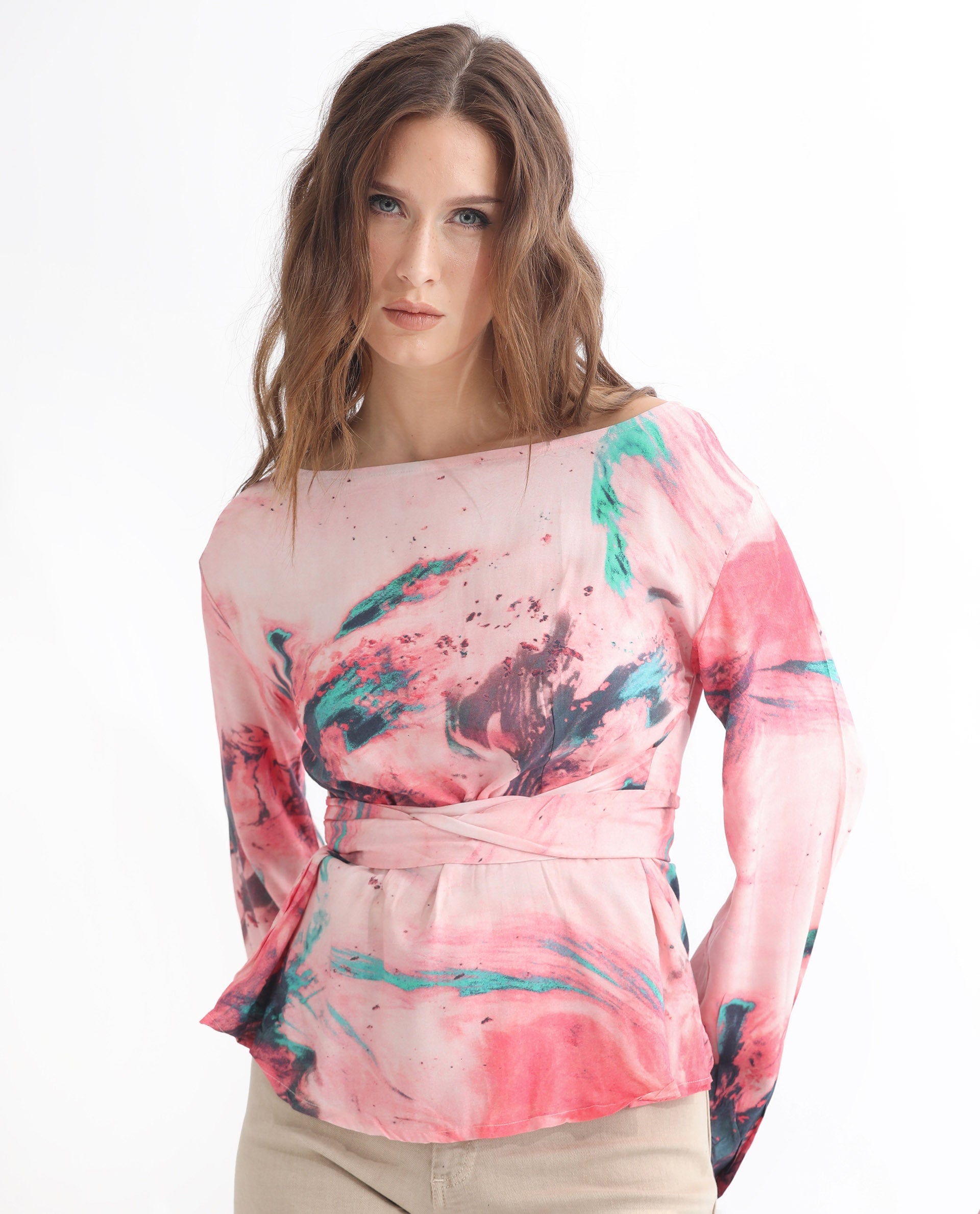 Rareism Women Trivia Multi Viscose Fabric Regular Fit Boat Neck Full Sleeves Abstract Print Top