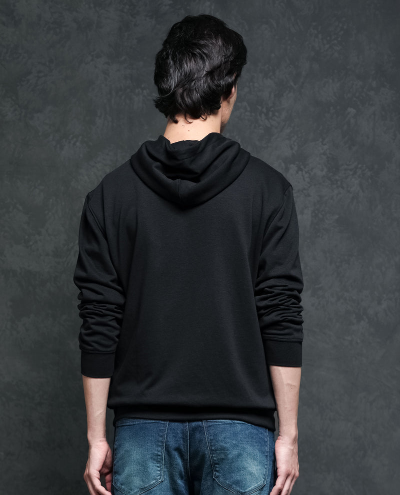 RARE RABBIT MENS TRIVIAL BLACK SWEATSHIRT COTTON POLYESTER TERRY FABRIC ROUND NECK KNITTED FULL SLEEVES COMFORTABLE FIT