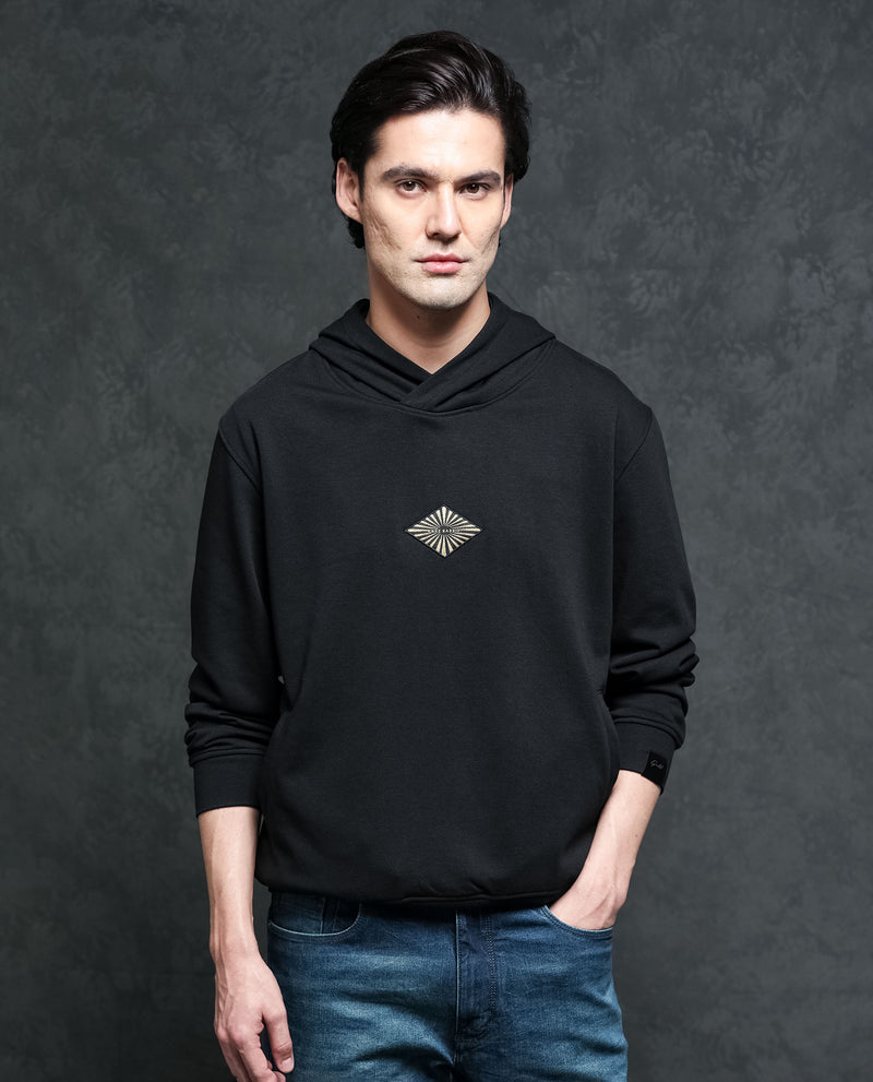 Rare Rabbit Men's Trivial Black Cotton Polyester Fabric Full Sleeves Logo Graphic Badge Hooded Sweatshirt