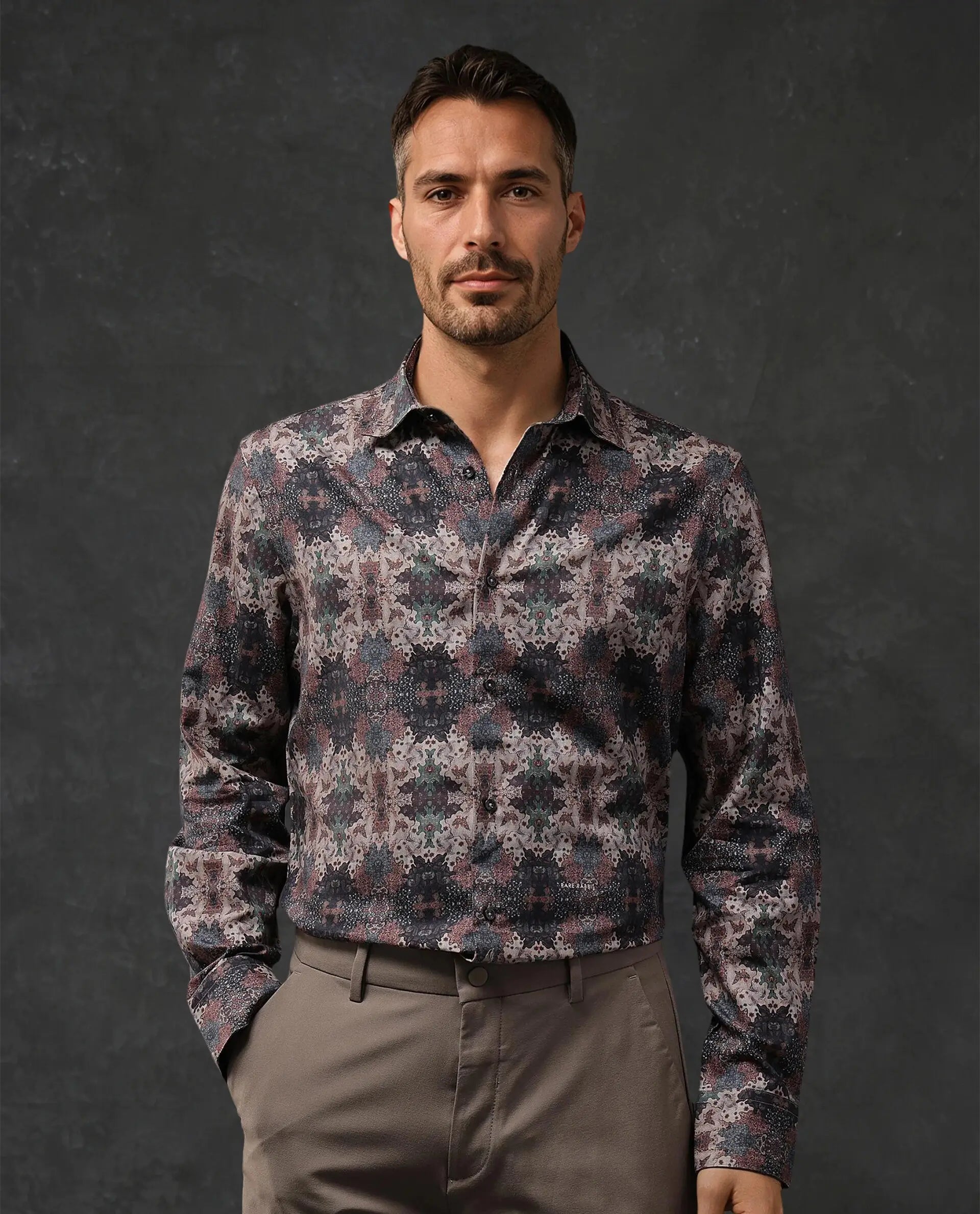 Rare Rabbit Men Troco Ls Brown Full Sleeve Collared Collar Button Closure Printed Shirt