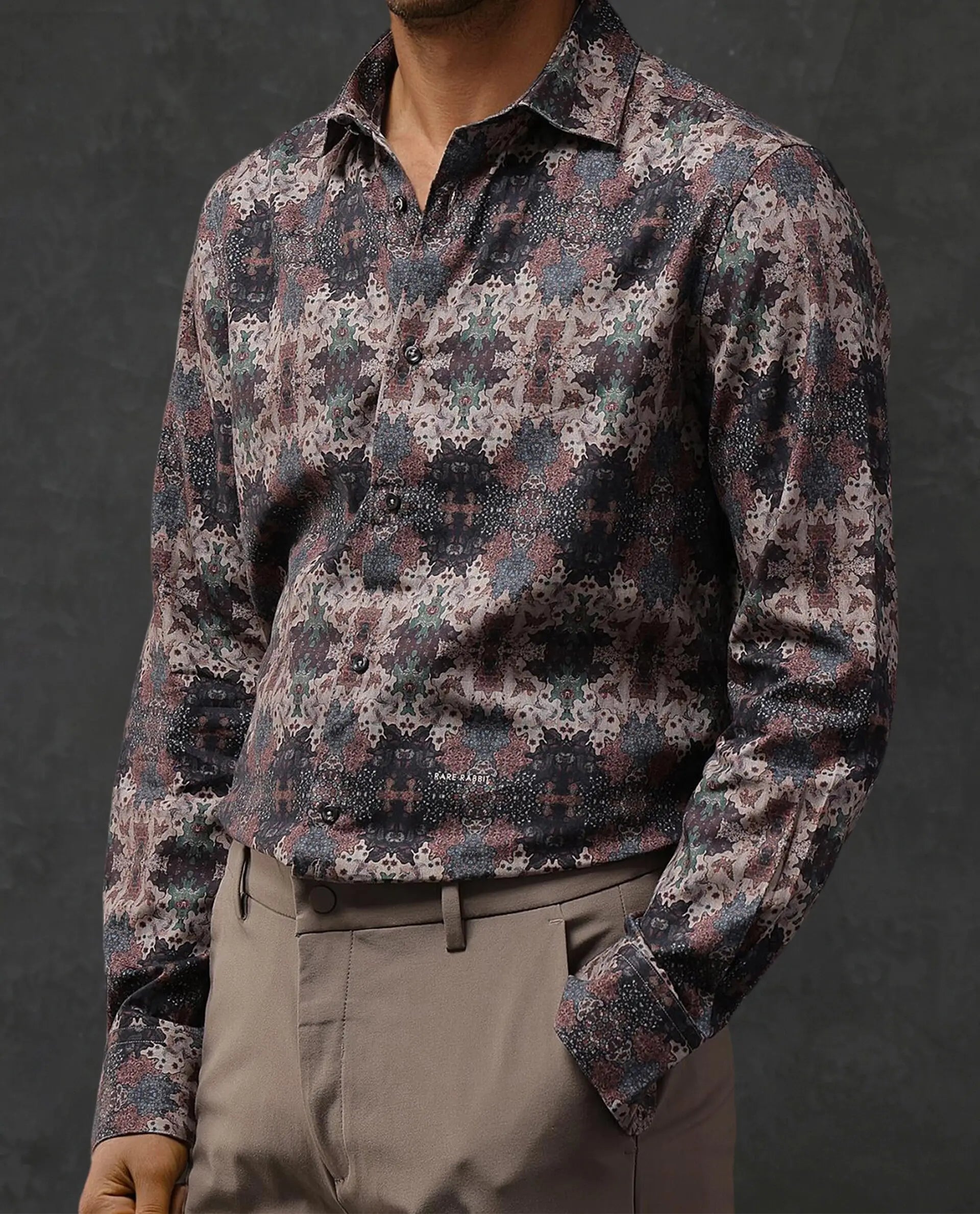 Rare Rabbit Men Troco Ls Brown Full Sleeve Collared Collar Button Closure Printed Shirt