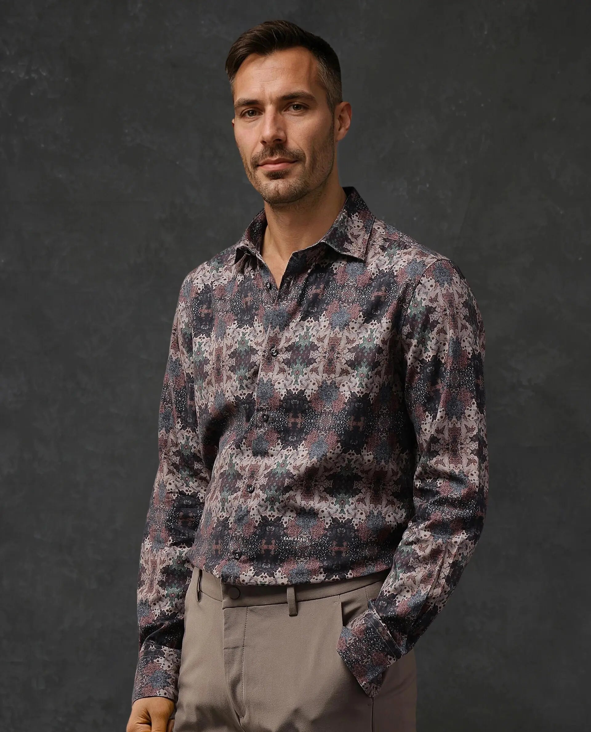 Rare Rabbit Men Troco Ls Brown Full Sleeve Collared Collar Button Closure Printed Shirt