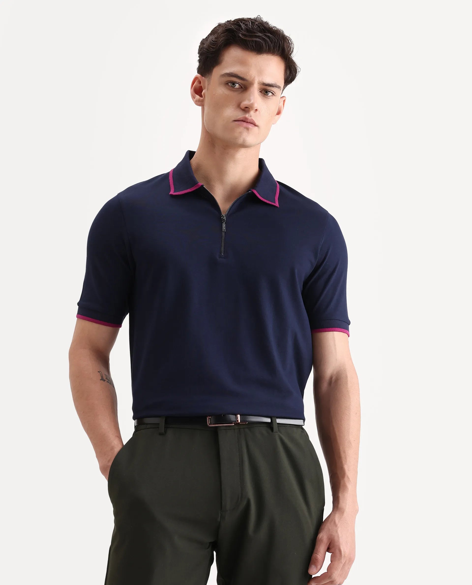Rare Rabbit Men's Trog Dark Navy Cotton Blend Plain Regular Fit Half Sleeve Polo