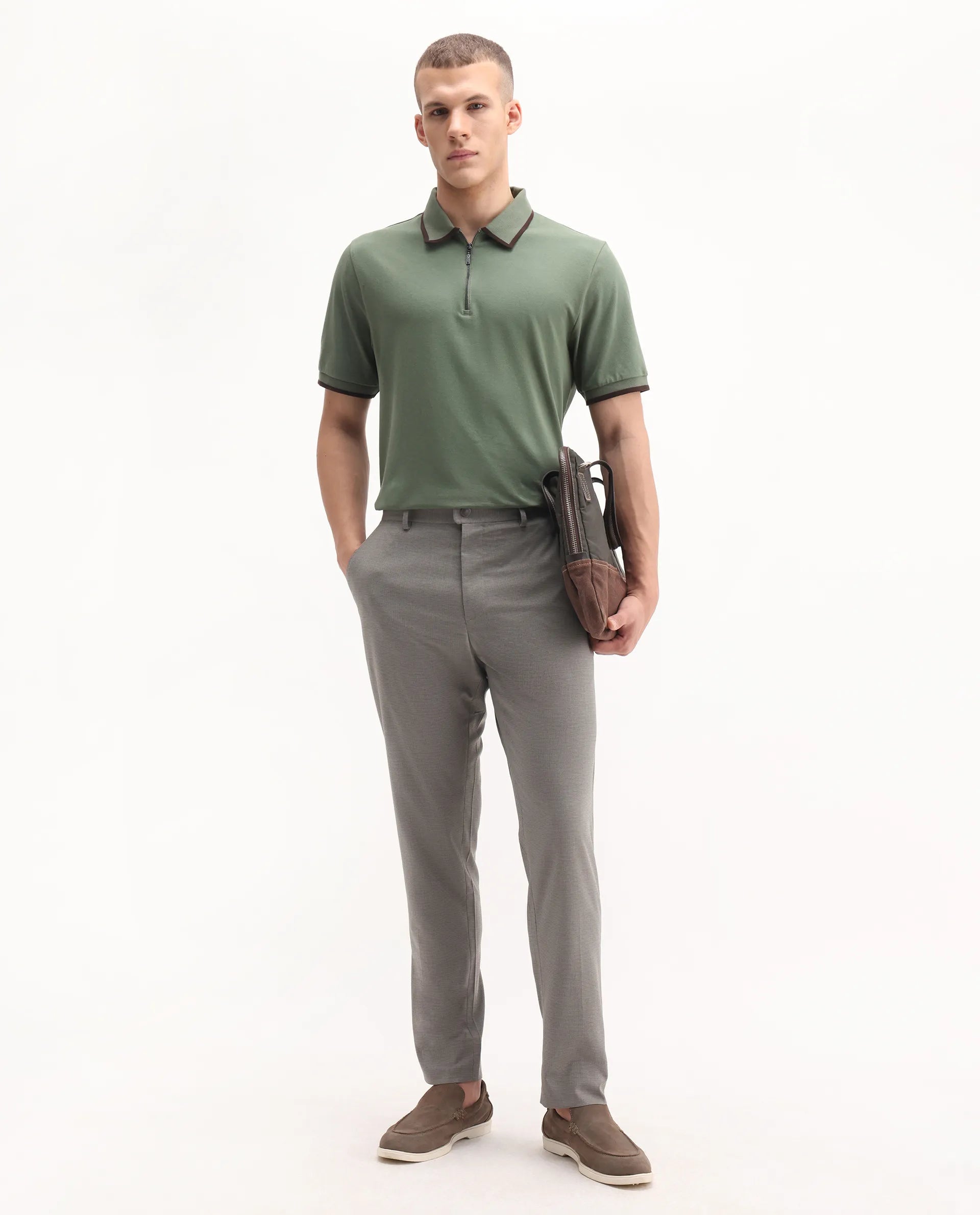 Rare Rabbit Men's Trog Dark Green Cotton Blend Plain Regular Fit Half Sleeve Polo
