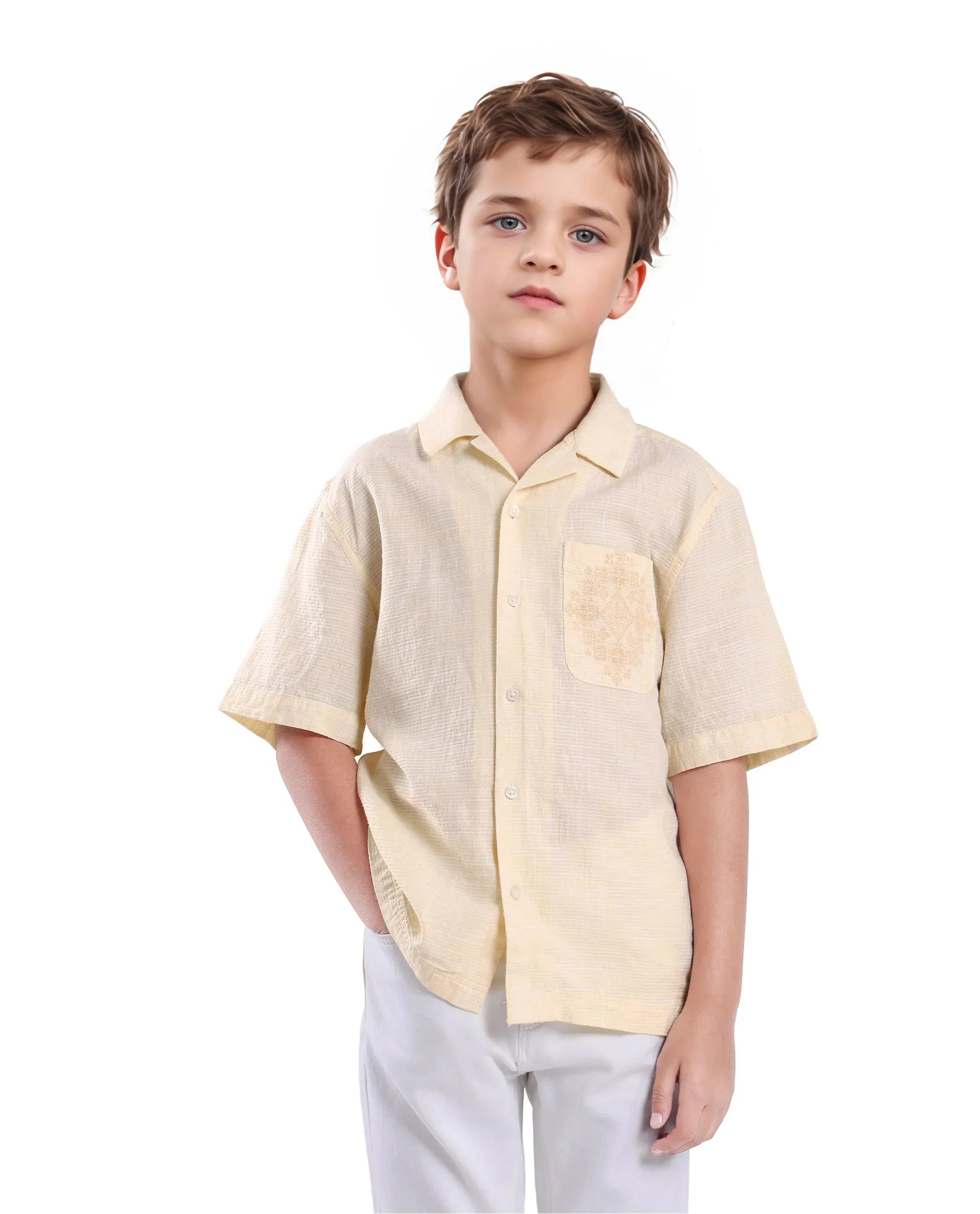 Rare Ones Kids Trok Light Yellow Cotton Half Sleeve Embroidered Button Closure Regular Fit Shirt