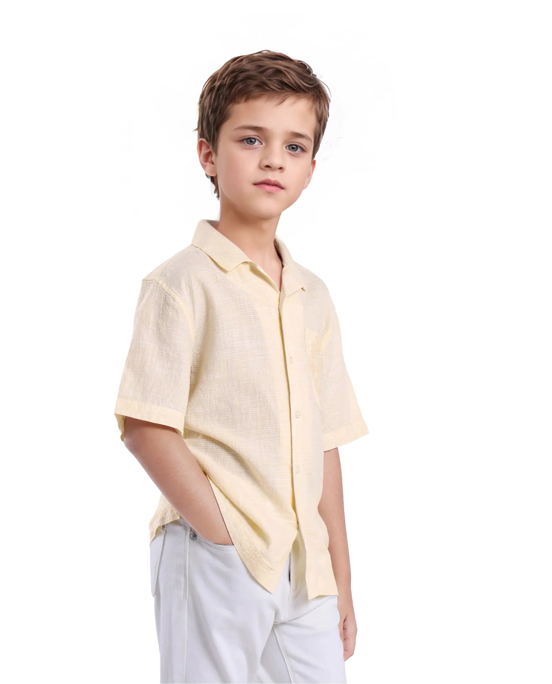 Rare Ones Kids Trok Light Yellow Cotton Half Sleeve Embroidered Button Closure Regular Fit Shirt