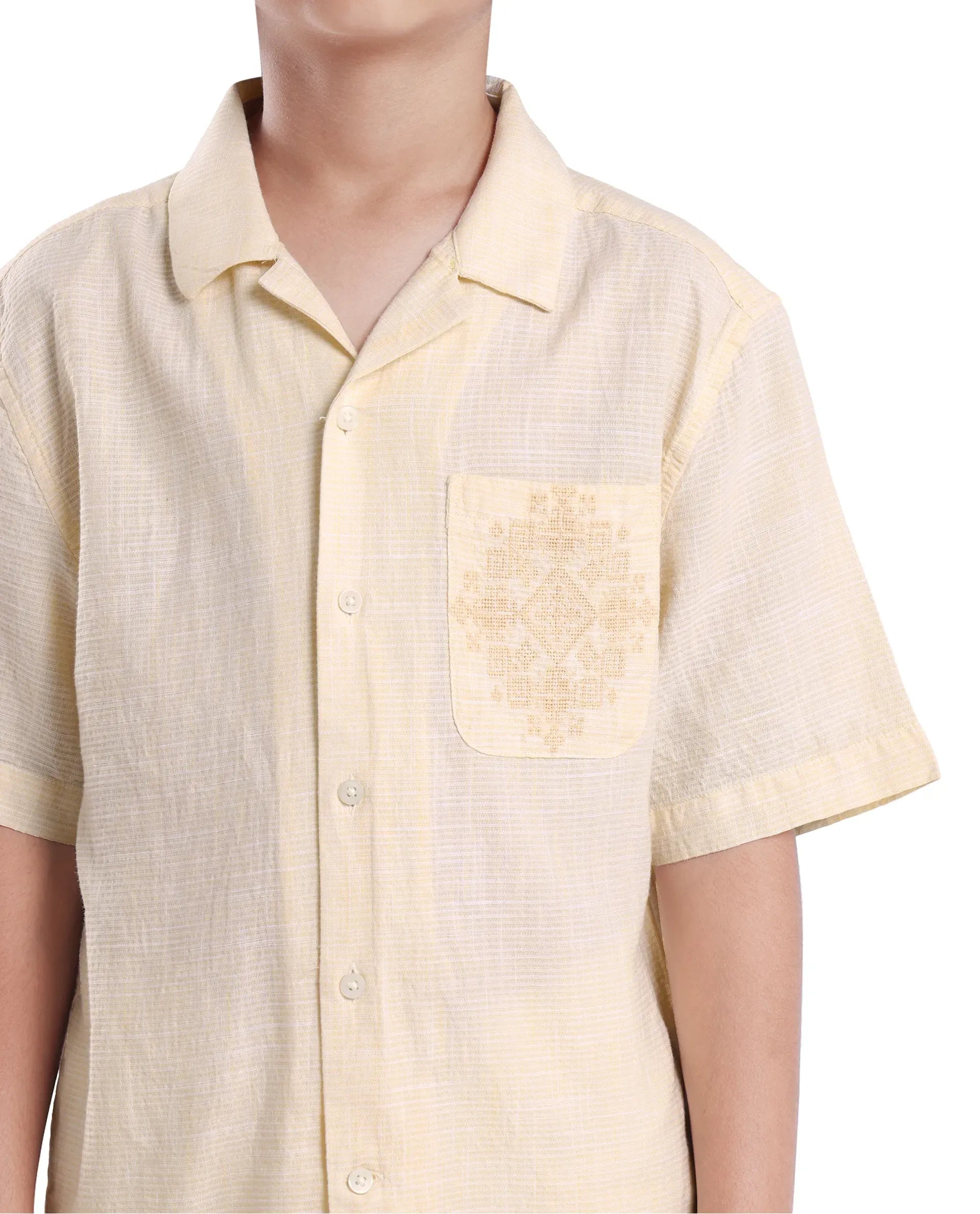Rare Ones Kids Trok Light Yellow Cotton Half Sleeve Embroidered Button Closure Regular Fit Shirt