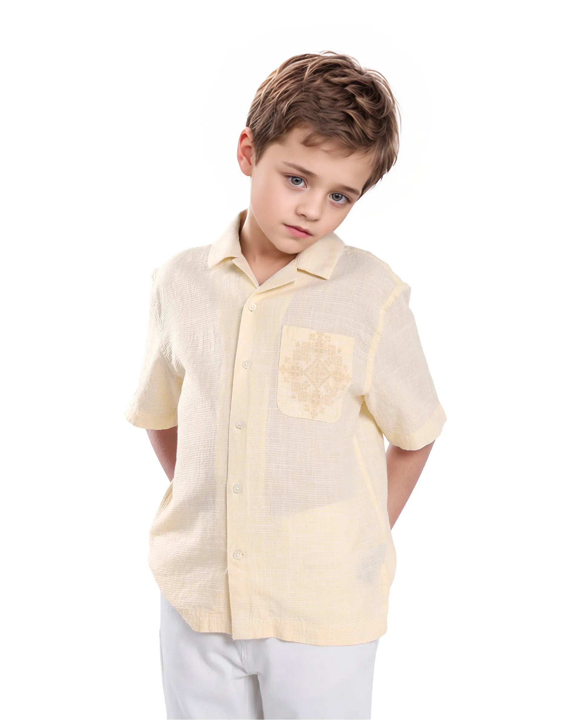 Rare Ones Kids Trok Light Yellow Cotton Half Sleeve Embroidered Button Closure Regular Fit Shirt