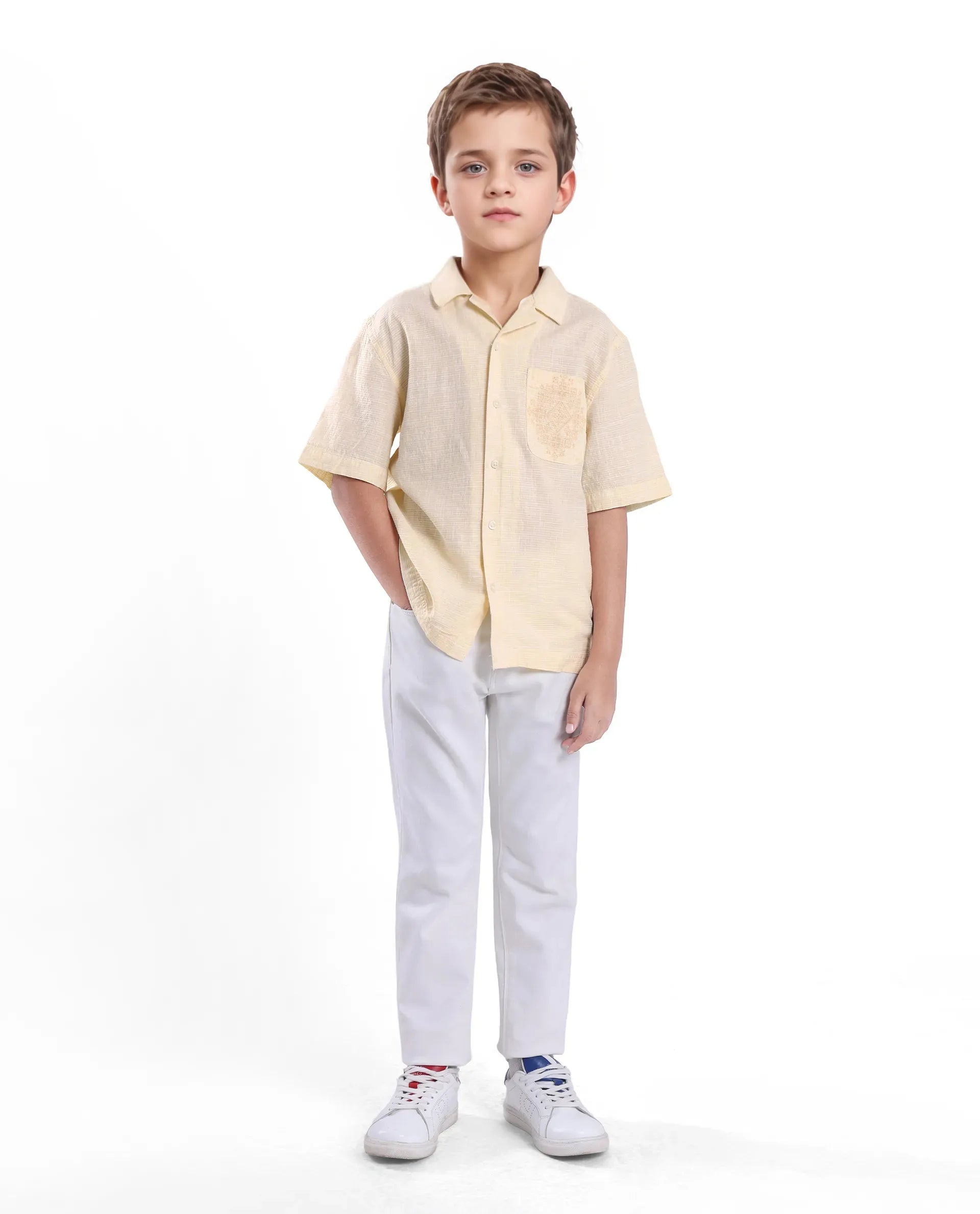 Rare Ones Kids Trok Light Yellow Cotton Half Sleeve Embroidered Button Closure Regular Fit Shirt