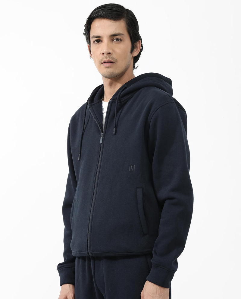 Rare Rabbit Men's Trood Navy Cotton Fabric Full Sleeves Zip Closure Regular Fit Solid Hooded Sweatshirt