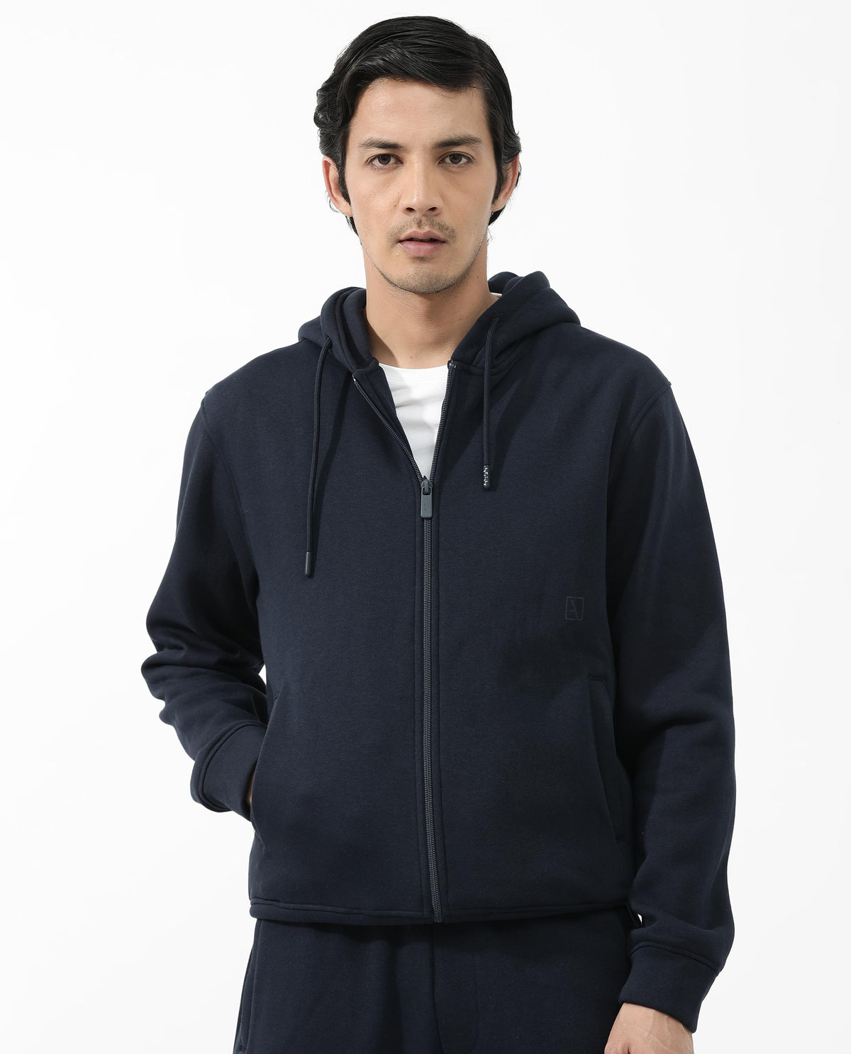 Rare Rabbit Men's Trood Navy Cotton Fabric Full Sleeves Zip Closure Regular Fit Solid Hooded Sweatshirt