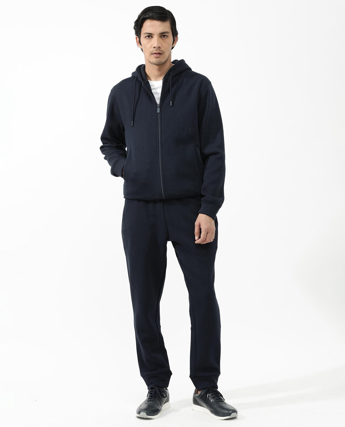 Rare Rabbit Men's Trood Navy Cotton Fabric Full Sleeves Zip Closure Regular Fit Solid Hooded Sweatshirt