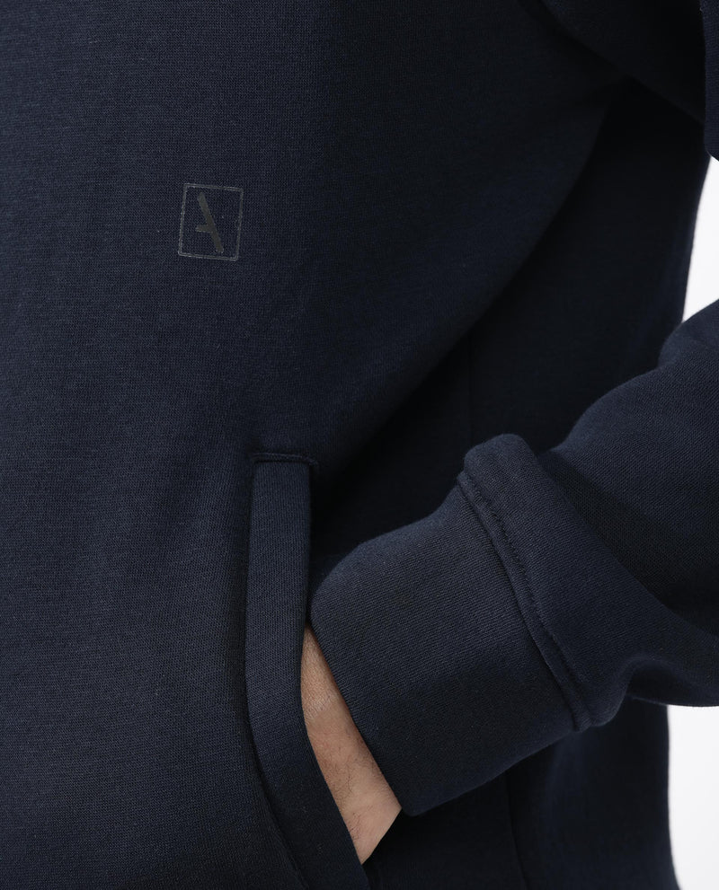 Rare Rabbit Men's Trood Navy Cotton Fabric Full Sleeves Zip Closure Regular Fit Solid Hooded Sweatshirt