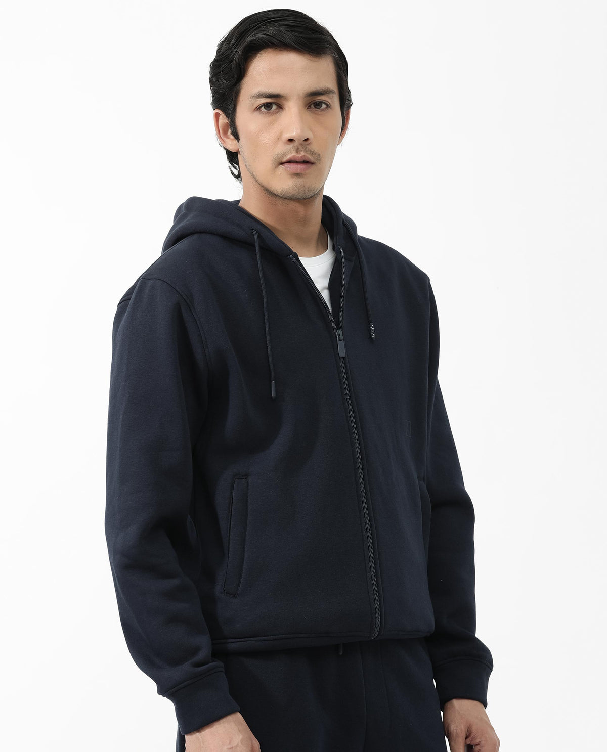 Rare Rabbit Men's Trood Navy Cotton Fabric Full Sleeves Zip Closure Regular Fit Solid Hooded Sweatshirt