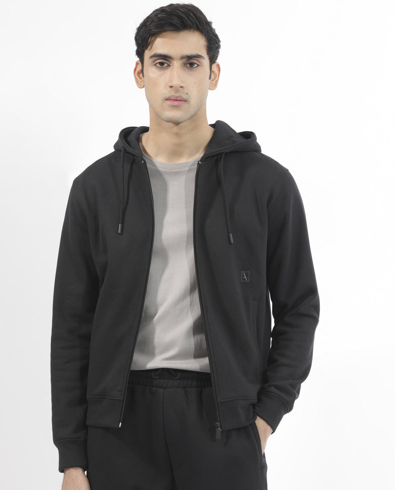 Rare Rabbit Men's Trood Black Cotton Fabric Full Sleeves Zip Closure Regular Fit Solid Hooded Sweatshirt