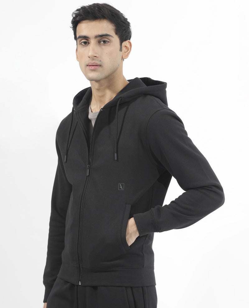 Rare Rabbit Men's Trood Black Cotton Fabric Full Sleeves Zip Closure Regular Fit Solid Hooded Sweatshirt