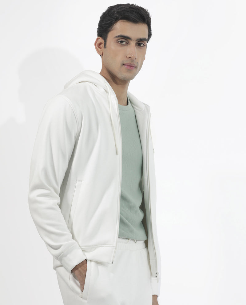 Rare Rabbit Men's Trood Off White Cotton Fabric Full Sleeves Zip Closure Regular Fit Solid Hooded Sweatshirt