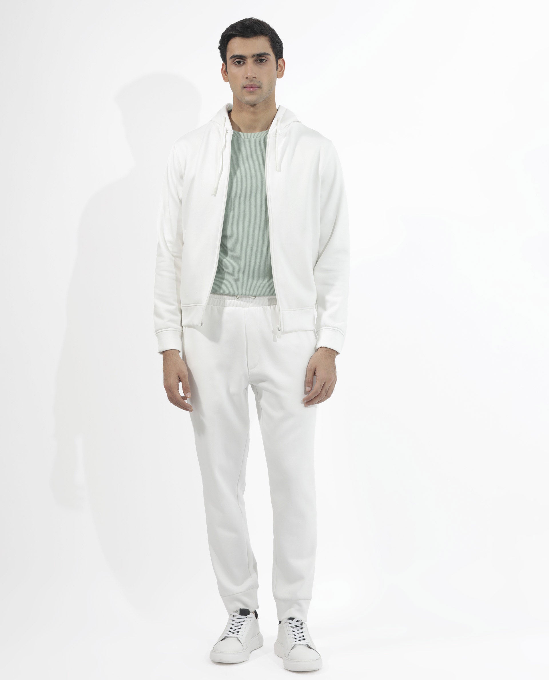 Rare Rabbit Men's Trood Off White Cotton Fabric Full Sleeves Zip Closure Regular Fit Solid Hooded Sweatshirt