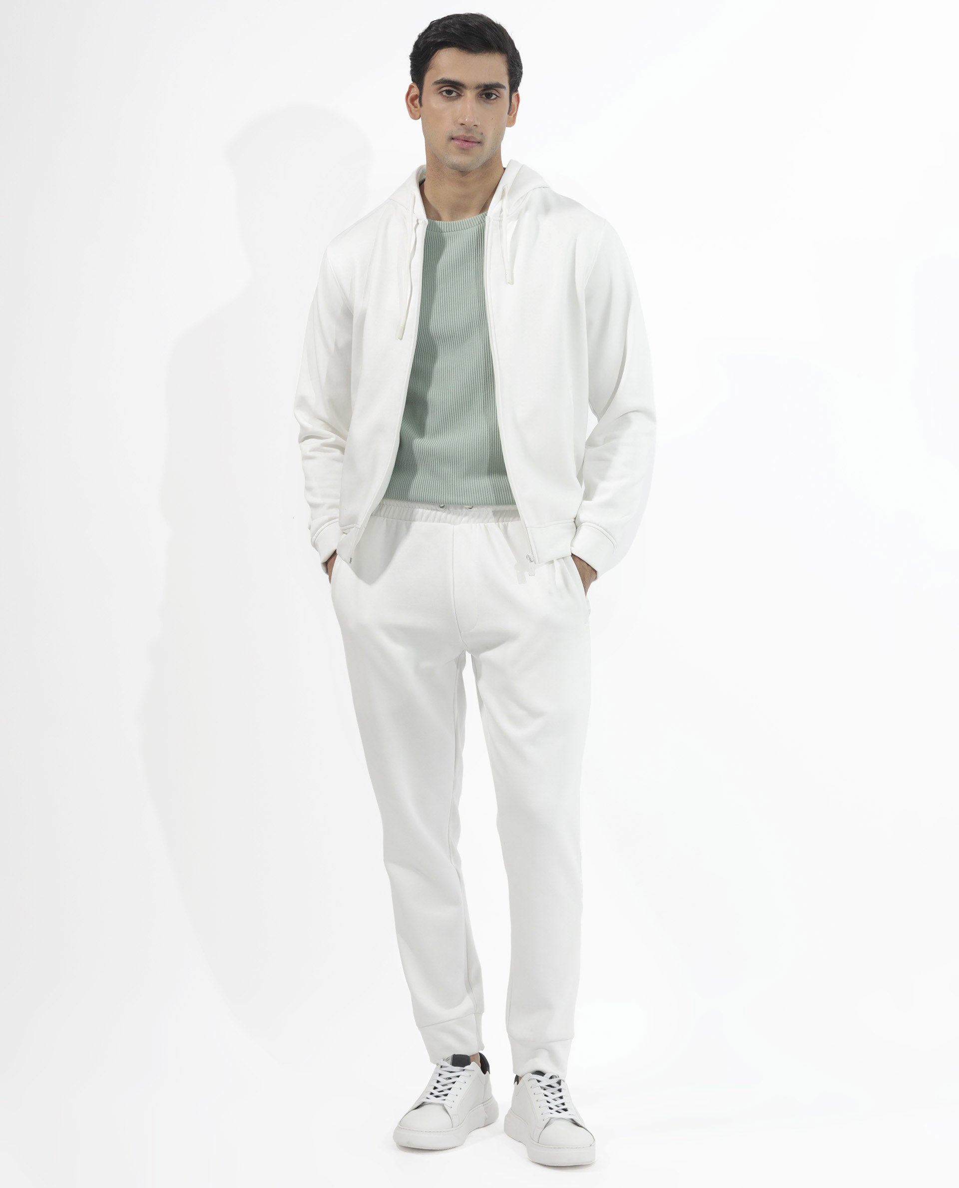 Rare Rabbit Men's Trood Off White Cotton Fabric Full Sleeves Zip Closure Regular Fit Solid Hooded Sweatshirt