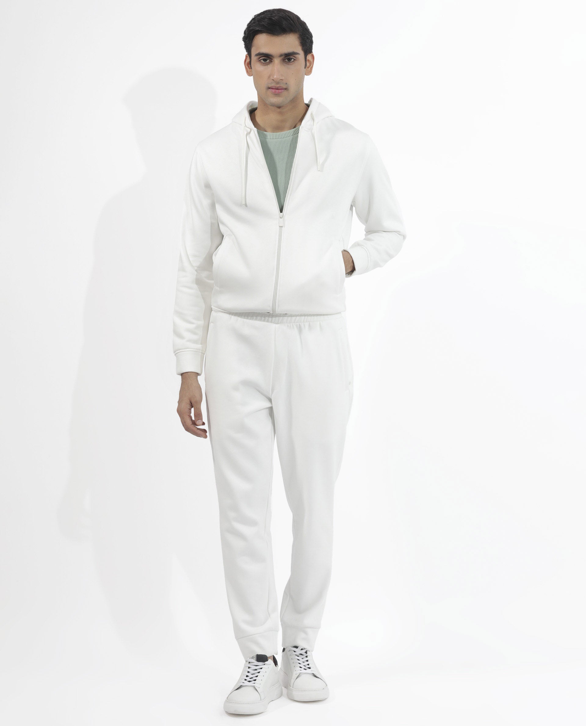 Rare Rabbit Men's Trood Off White Cotton Fabric Full Sleeves Zip Closure Regular Fit Solid Hooded Sweatshirt