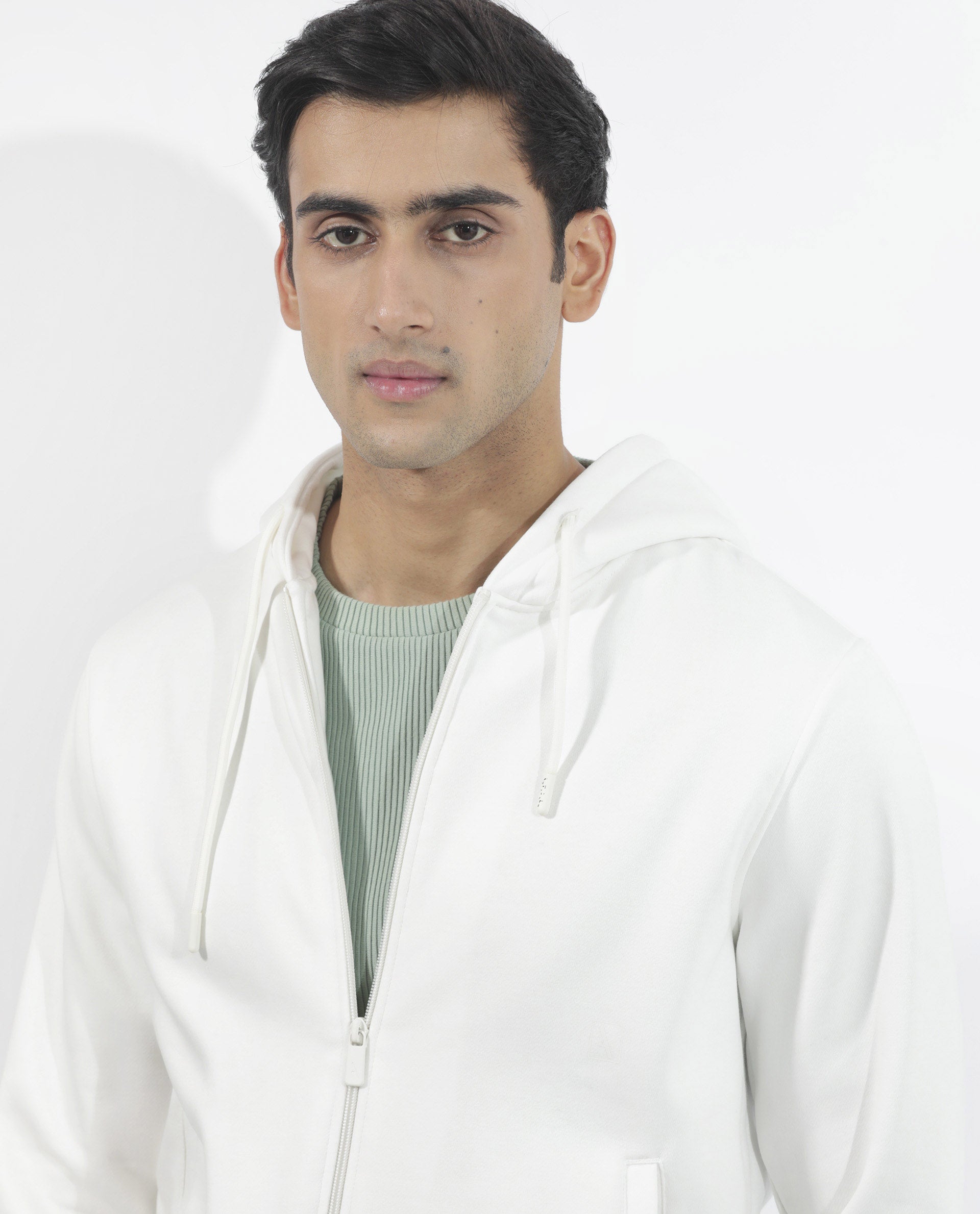 Rare Rabbit Men's Trood Off White Cotton Fabric Full Sleeves Zip Closure Regular Fit Solid Hooded Sweatshirt