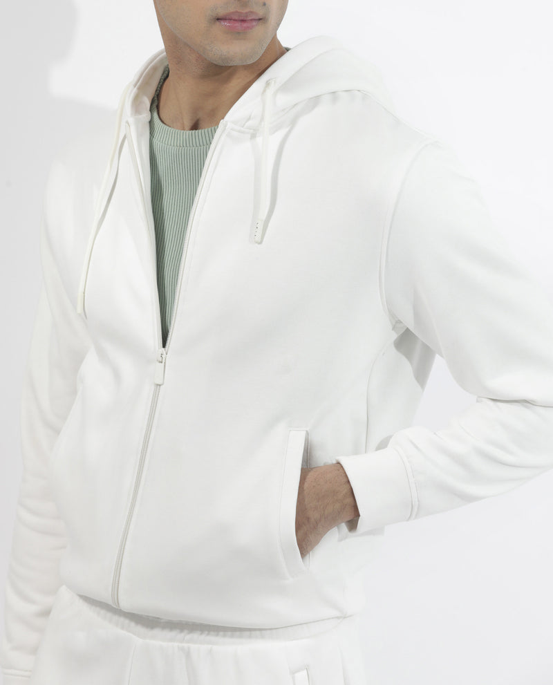 Rare Rabbit Men's Trood Off White Cotton Fabric Full Sleeves Zip Closure Regular Fit Solid Hooded Sweatshirt