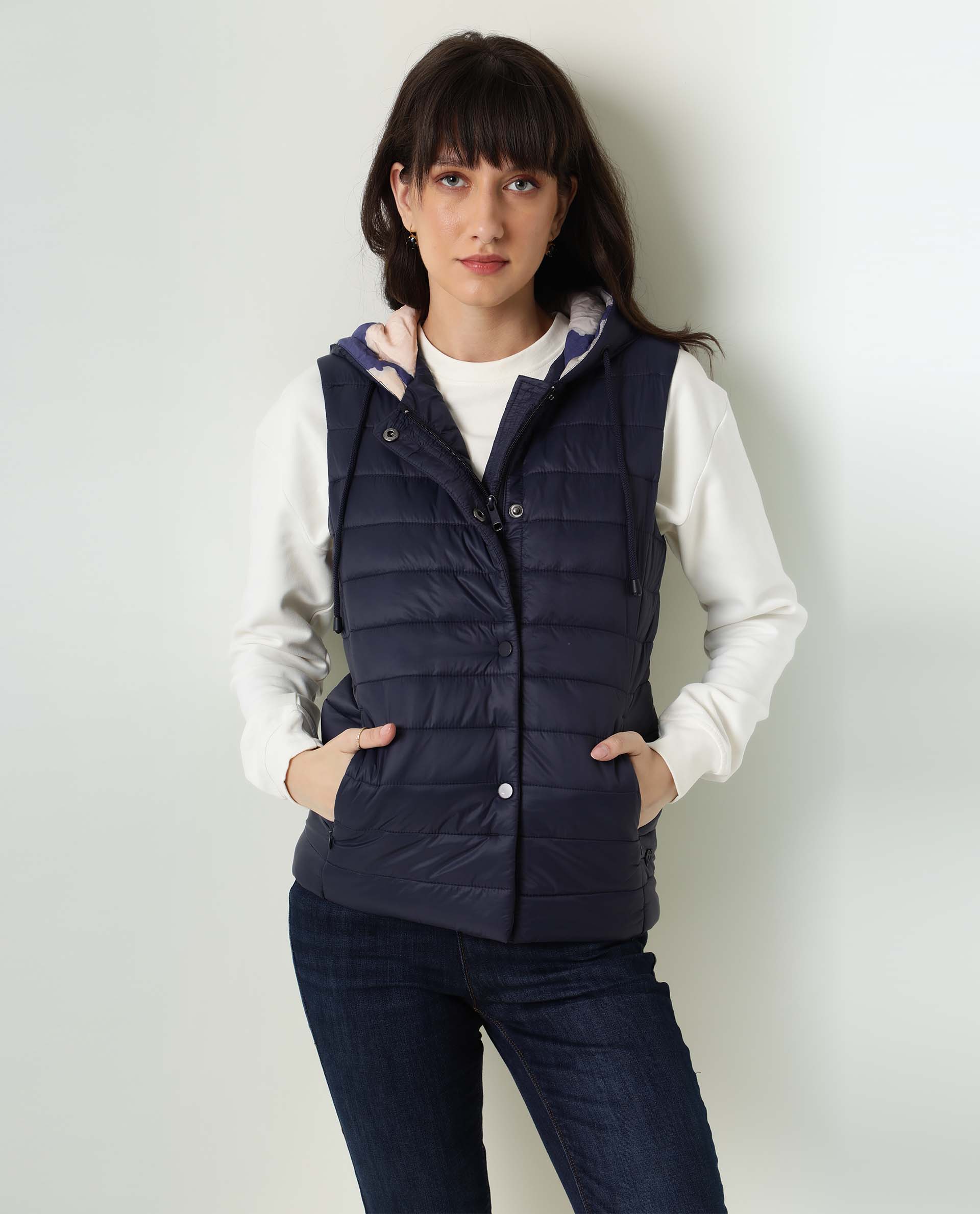 Rareism Women Troop Dark Navy  Sleeveless Solid Hooded Jacket
