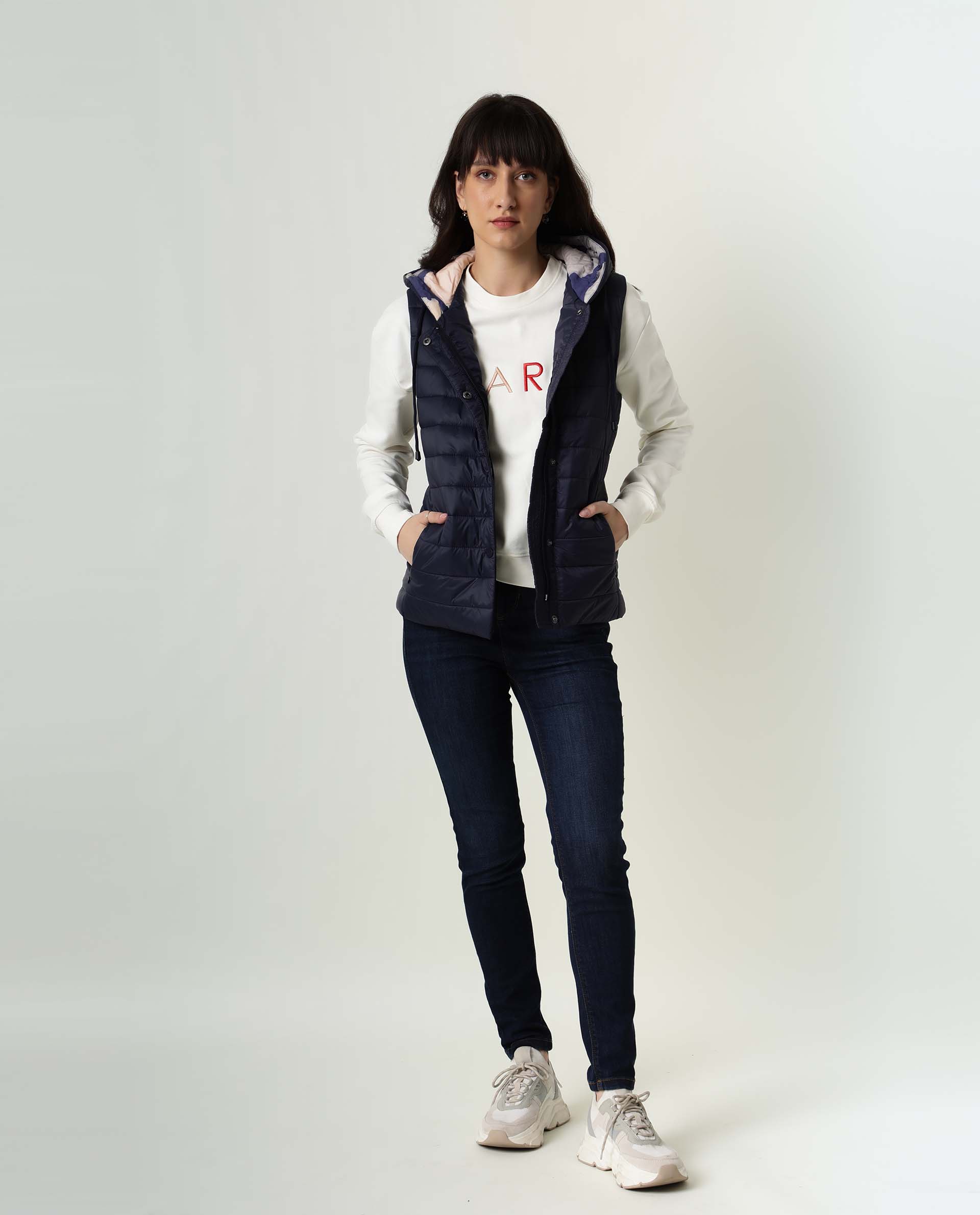 Rareism Women Troop Dark Navy  Sleeveless Solid Hooded Jacket