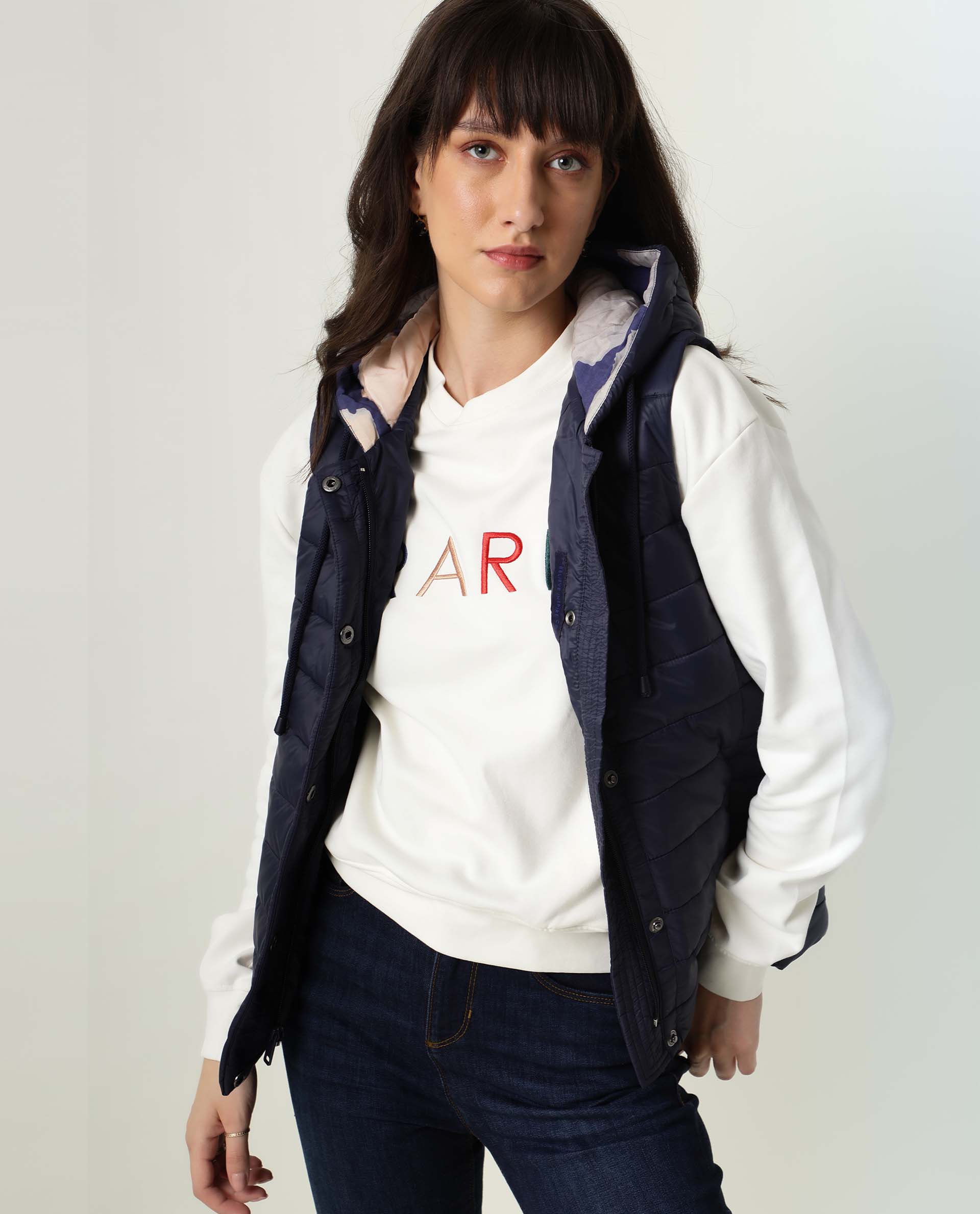 Rareism Women Troop Dark Navy  Sleeveless Solid Hooded Jacket