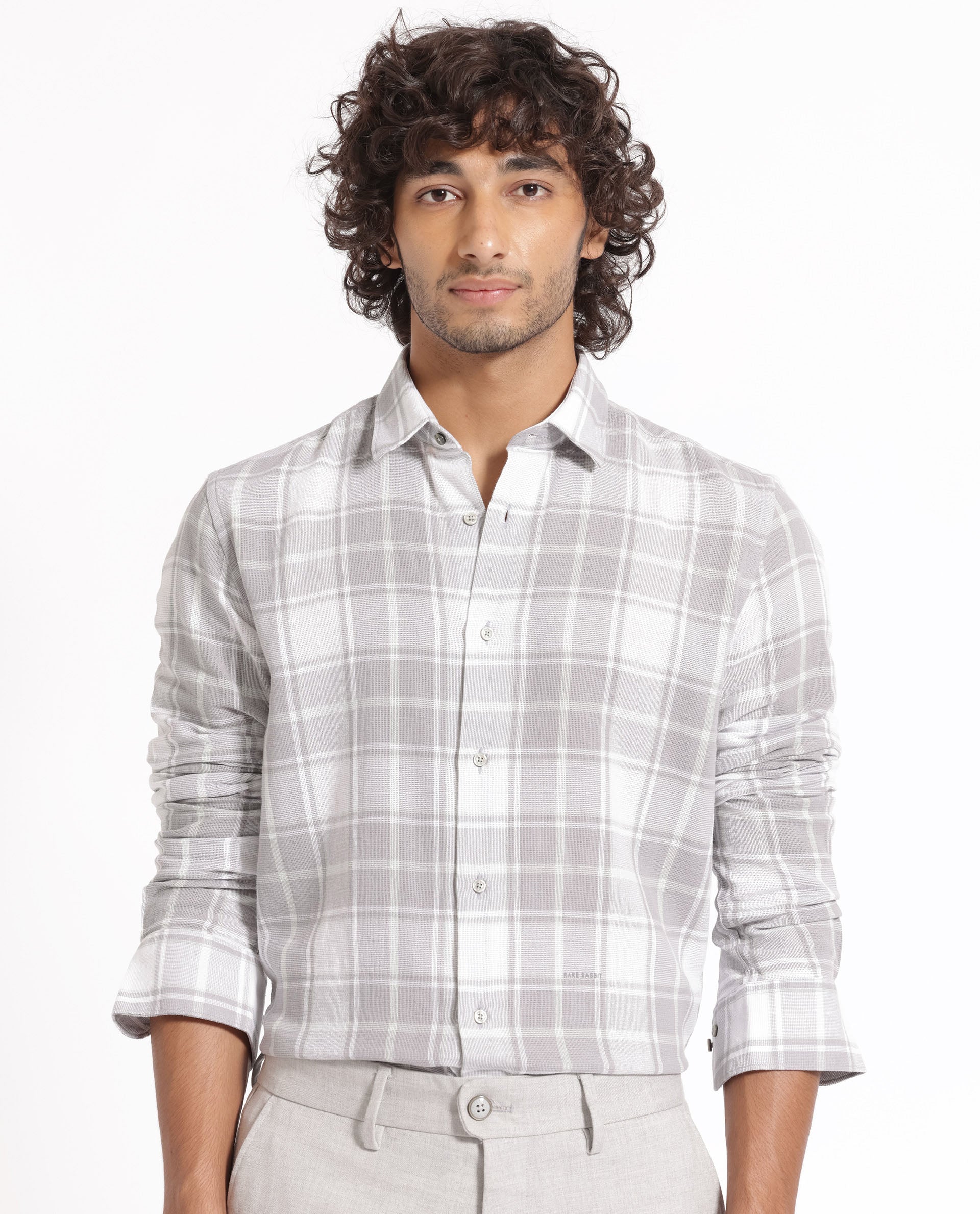 Rare Rabbit Men's Tropea Light Grey Cotton Fabric Full Sleeves Checks Shirt