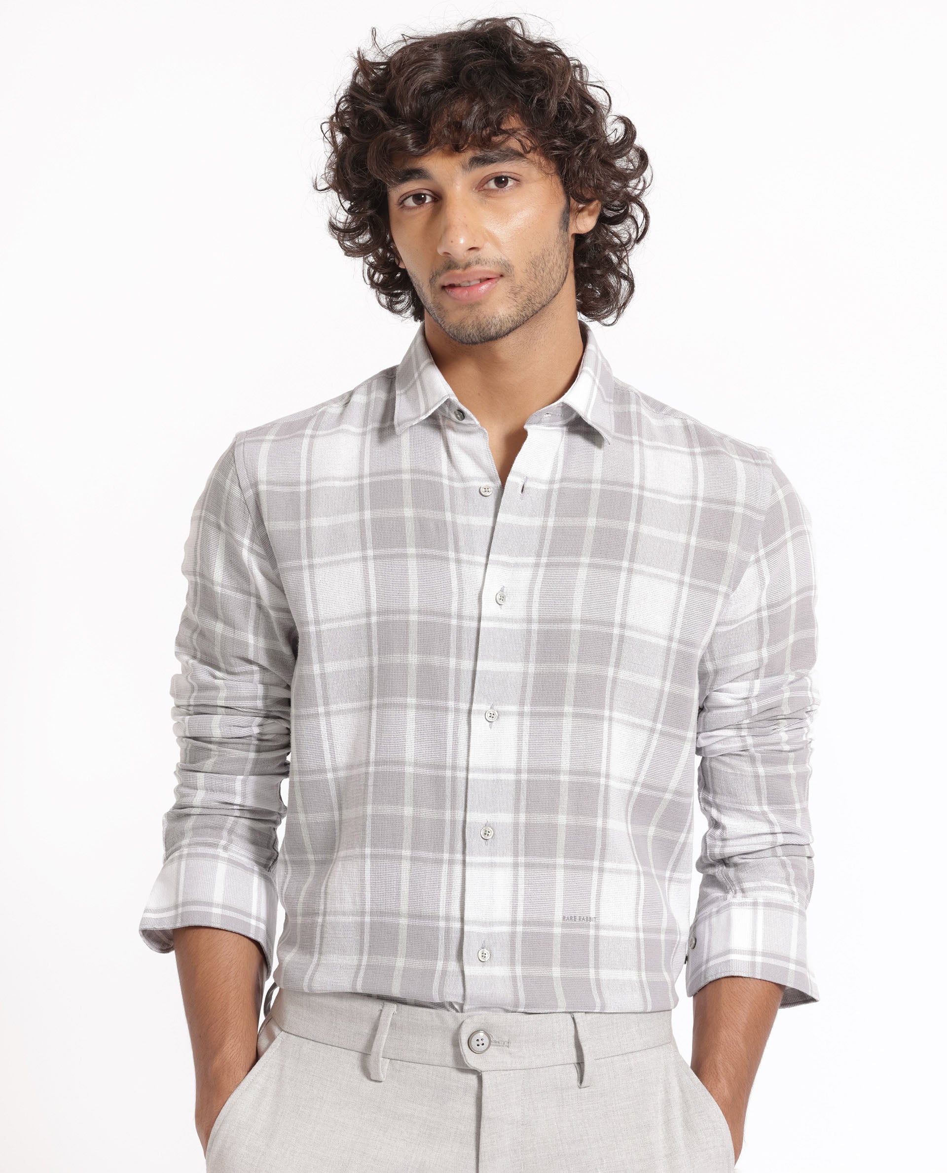 Rare Rabbit Men's Tropea Light Grey Cotton Fabric Full Sleeves Checks Shirt