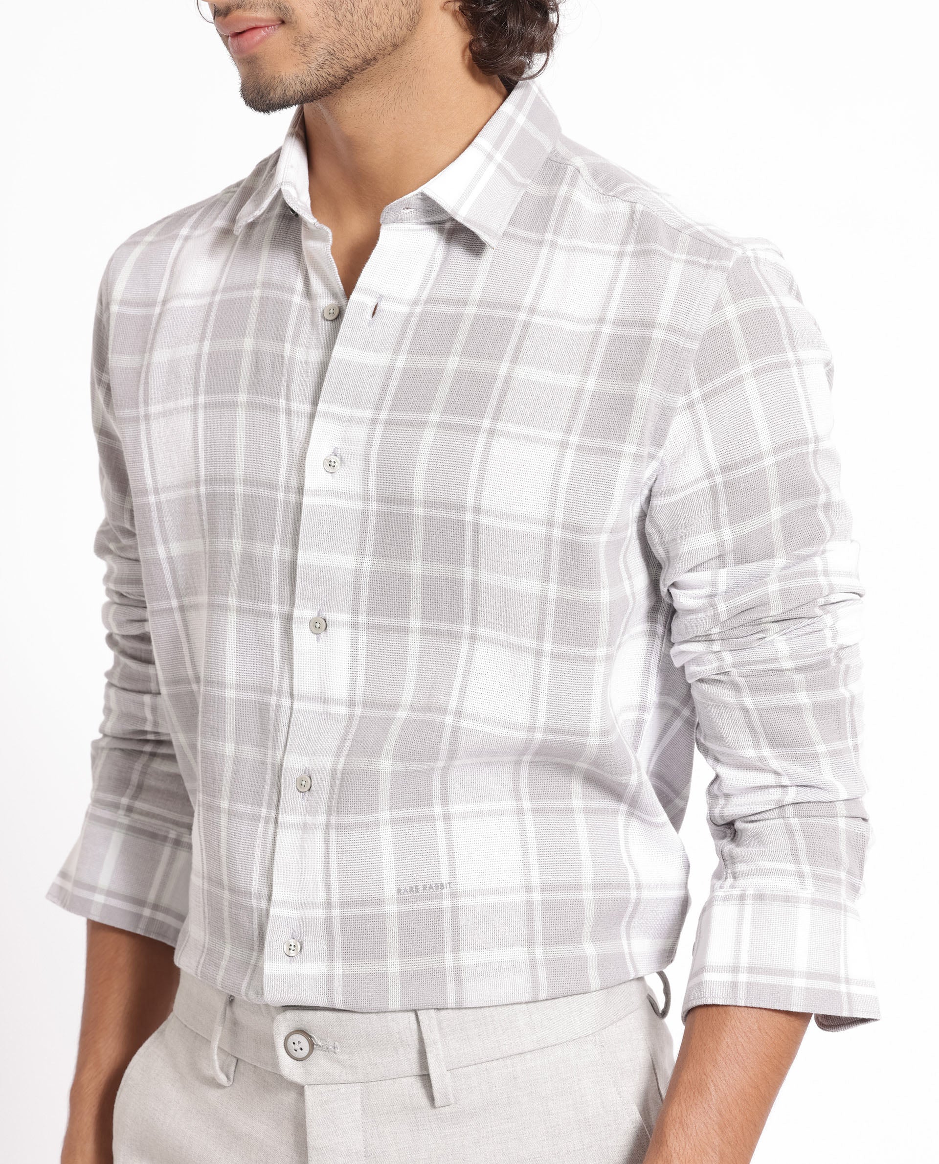 Rare Rabbit Men's Tropea Light Grey Cotton Fabric Full Sleeves Checks Shirt