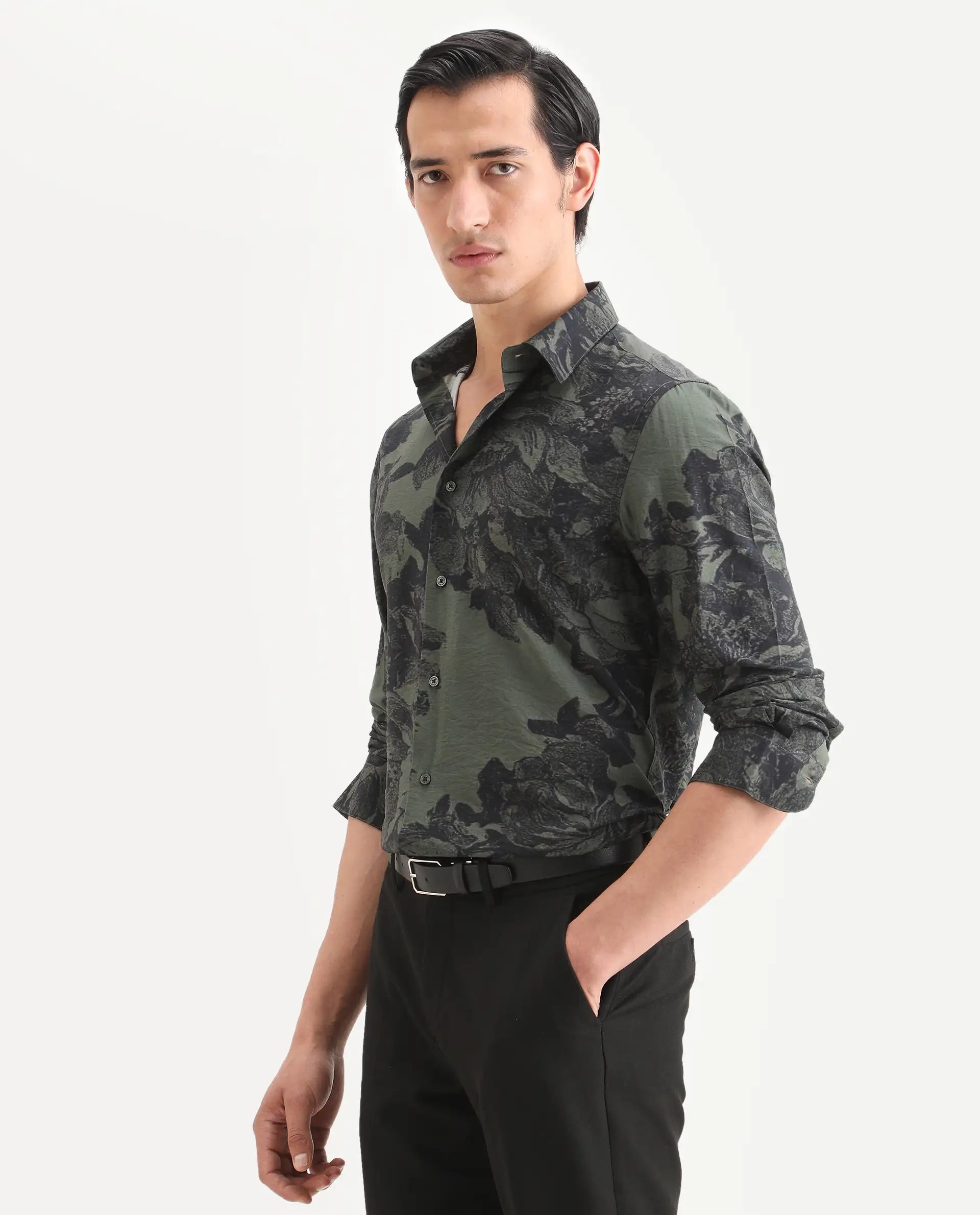 Rare Rabbit Men's Trops Dark Olive Viscose Blend Fabric Collared Neck Regular Floral Print Shirt