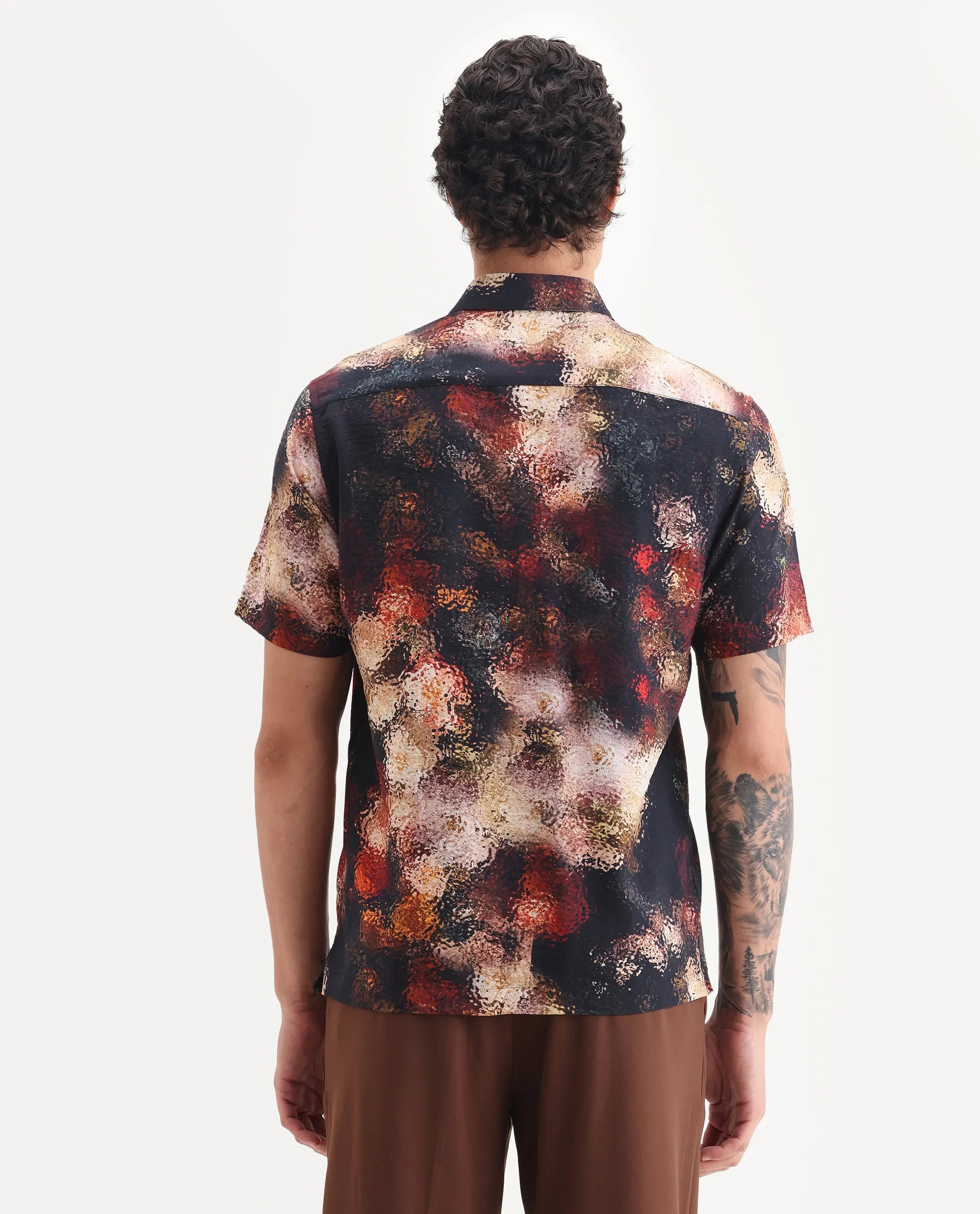 Rare Rabbit Men's Trou Black Viscose Blend Fabric Collared Neck Regular Fit Abstract Print Shirt