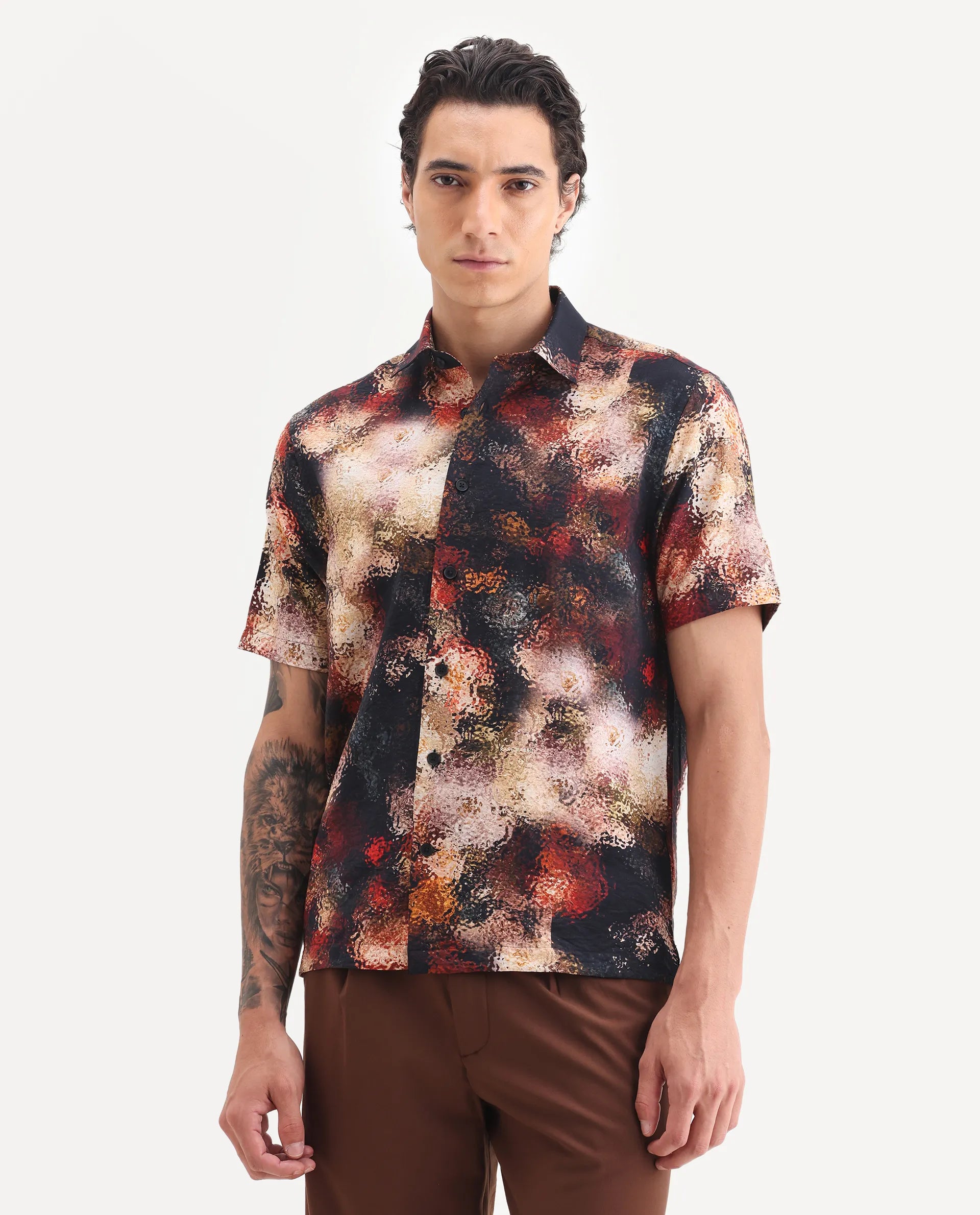 Rare Rabbit Men's Trou Black Viscose Blend Fabric Collared Neck Regular Fit Abstract Print Shirt