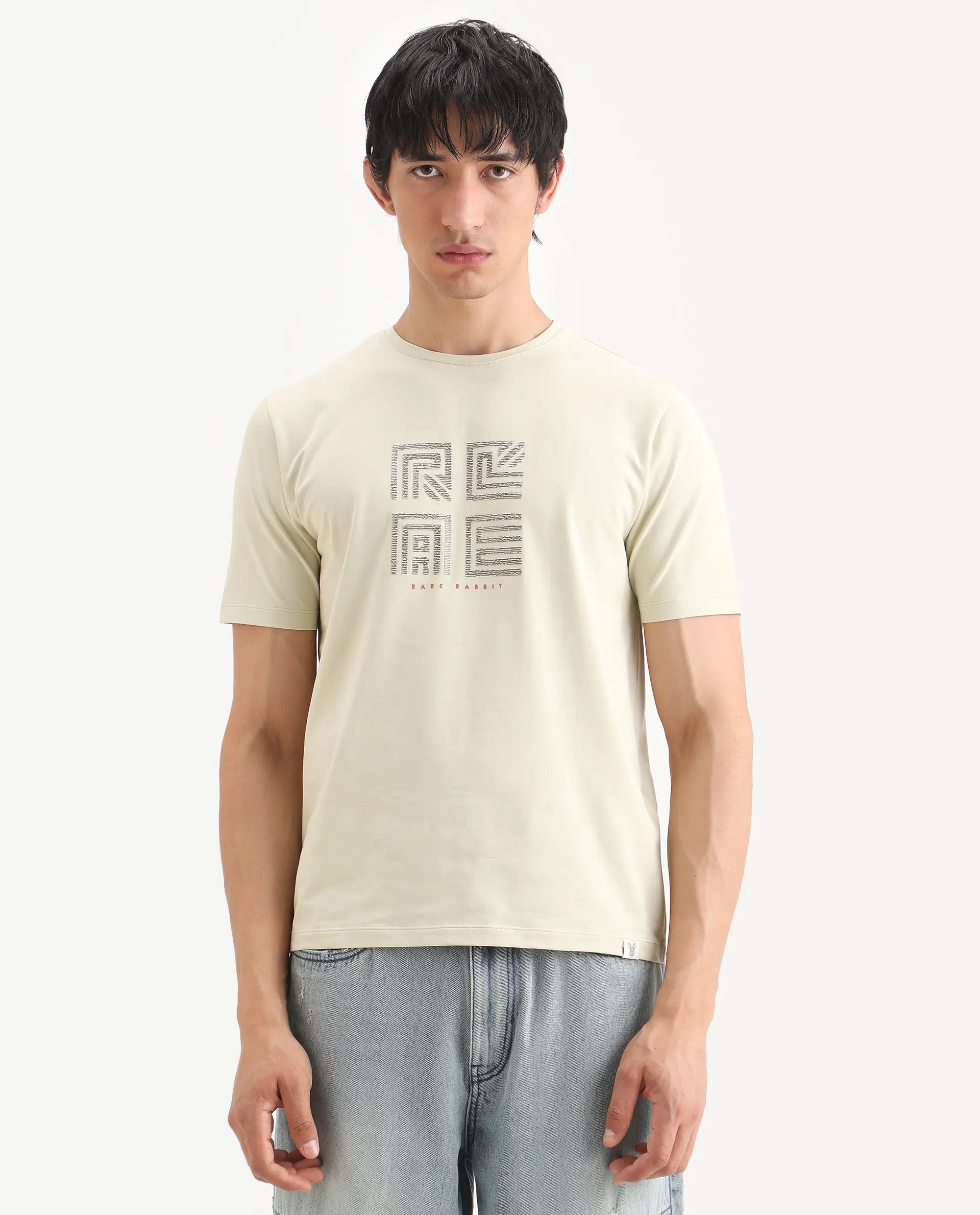 Rare Rabbit Men's Trov Pastel Green Cotton Blend Fabric Half Sleeve Crew Neck Regular Fit Graphic Print T-Shirt