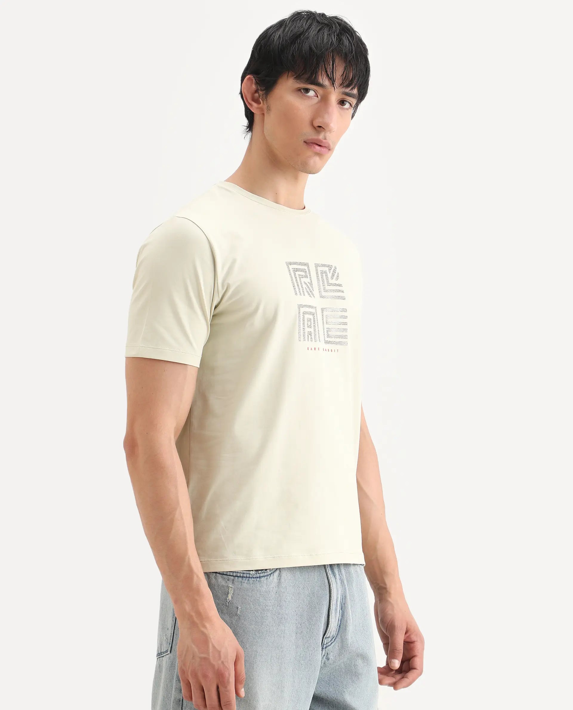 Rare Rabbit Men's Trov Pastel Green Cotton Blend Fabric Half Sleeve Crew Neck Regular Fit Graphic Print T-Shirt
