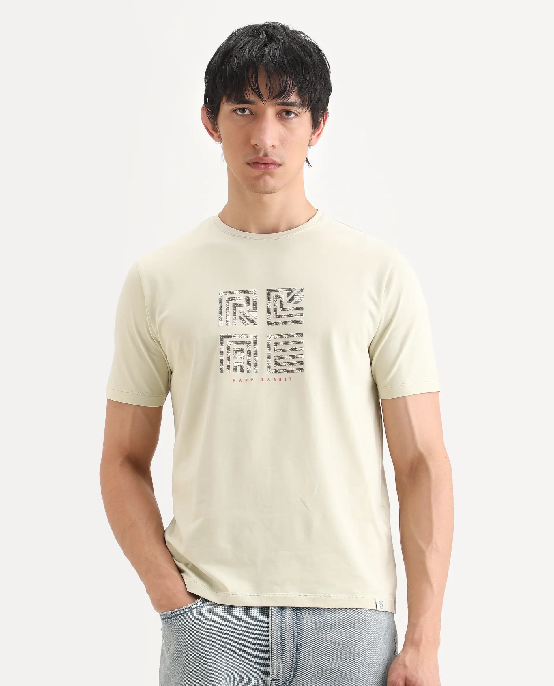 Rare Rabbit Men's Trov Pastel Green Cotton Blend Fabric Half Sleeve Crew Neck Regular Fit Graphic Print T-Shirt