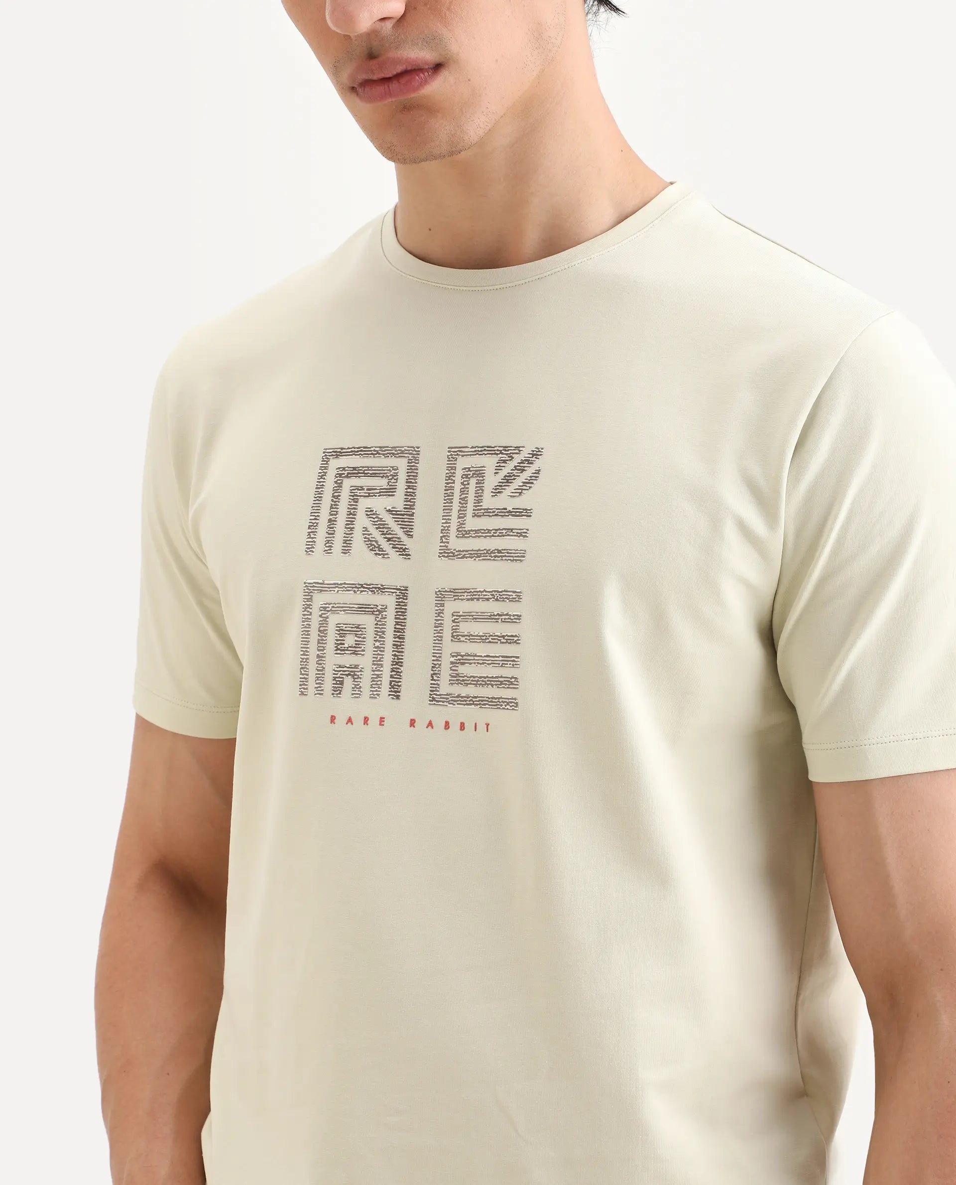 Rare Rabbit Men's Trov Pastel Green Cotton Blend Fabric Half Sleeve Crew Neck Regular Fit Graphic Print T-Shirt