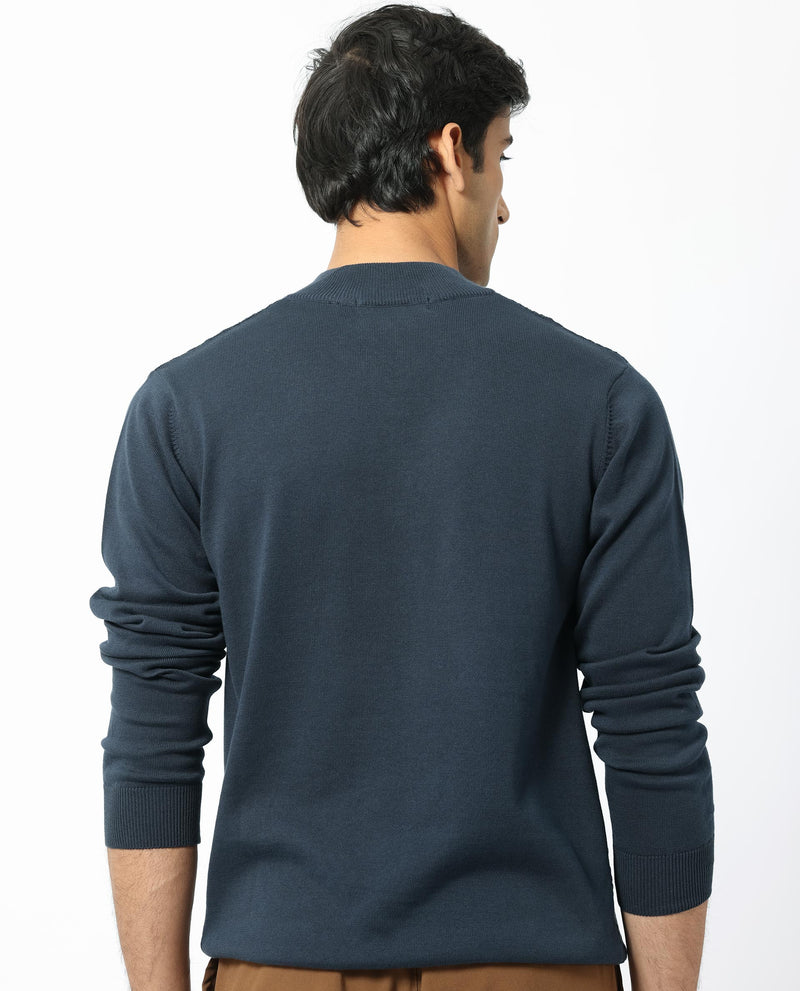 RARE RABBIT MENS TROYO BLUE SWEATER FULL SLEEVE HIGH NECK SOLID