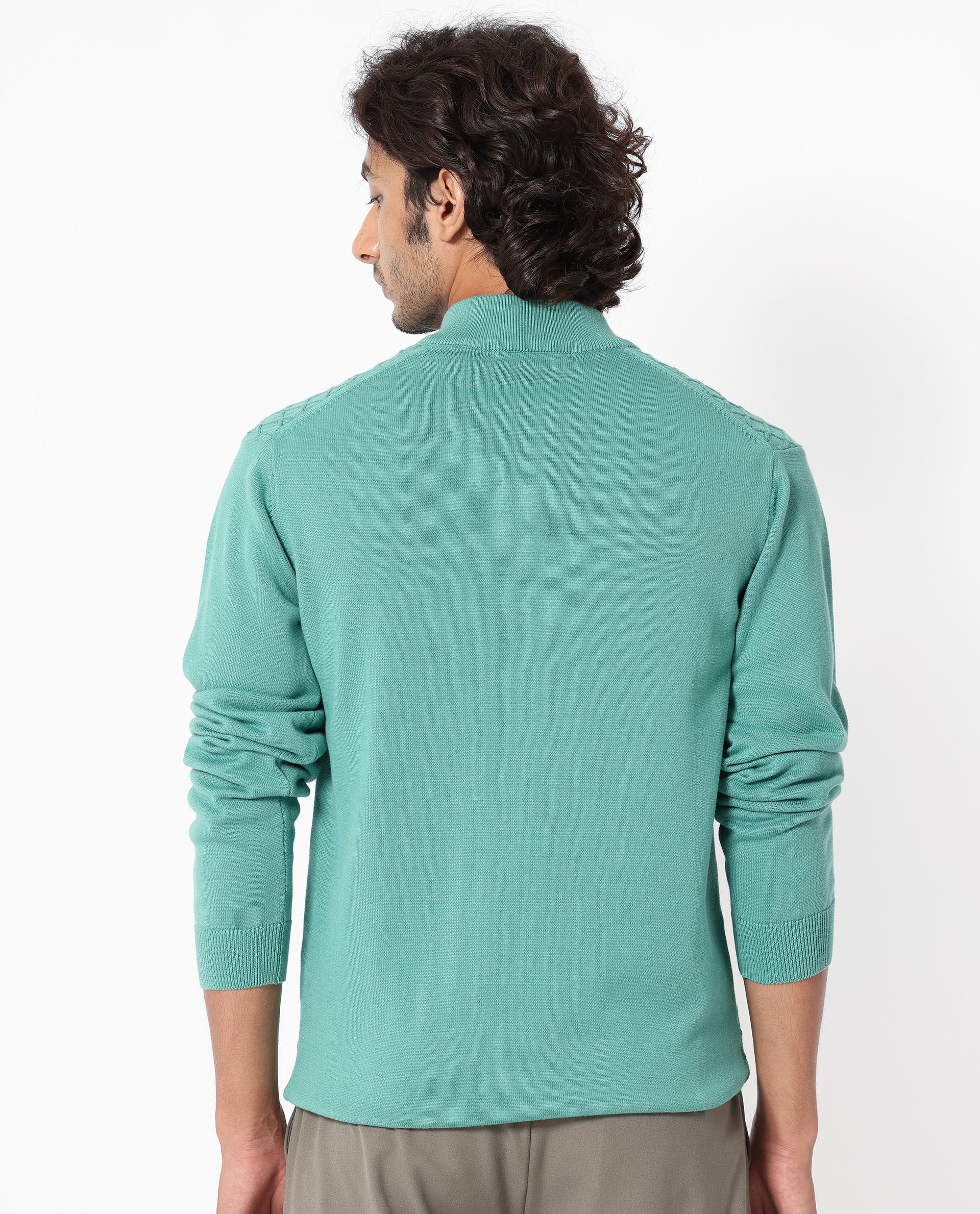 Rare Rabbit Mens Troyo Pastel Green Sweater Cotton Fabric High Neck Knitted Full Sleeves Zipper Closure Regular Fit