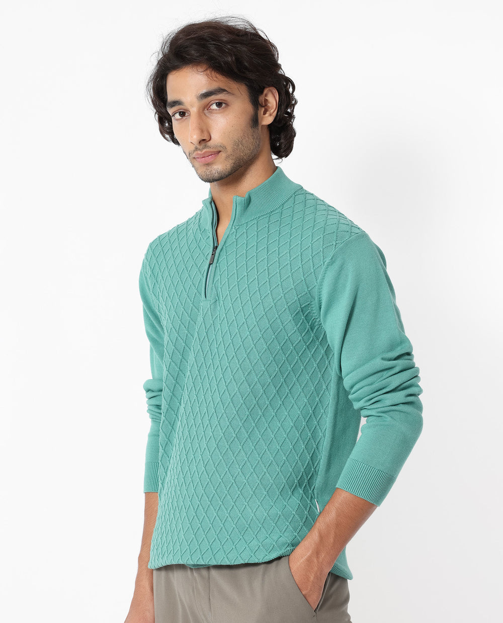 Rare Rabbit Mens Troyo Pastel Green Sweater Cotton Fabric High Neck Kn