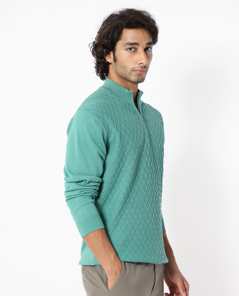 RARE RABBIT MENS TROYO PASTEL GREEN SWEATER COTTON FABRIC HIGH NECK KNITTED FULL SLEEVES ZIPPER CLOSURE REGULAR FIT